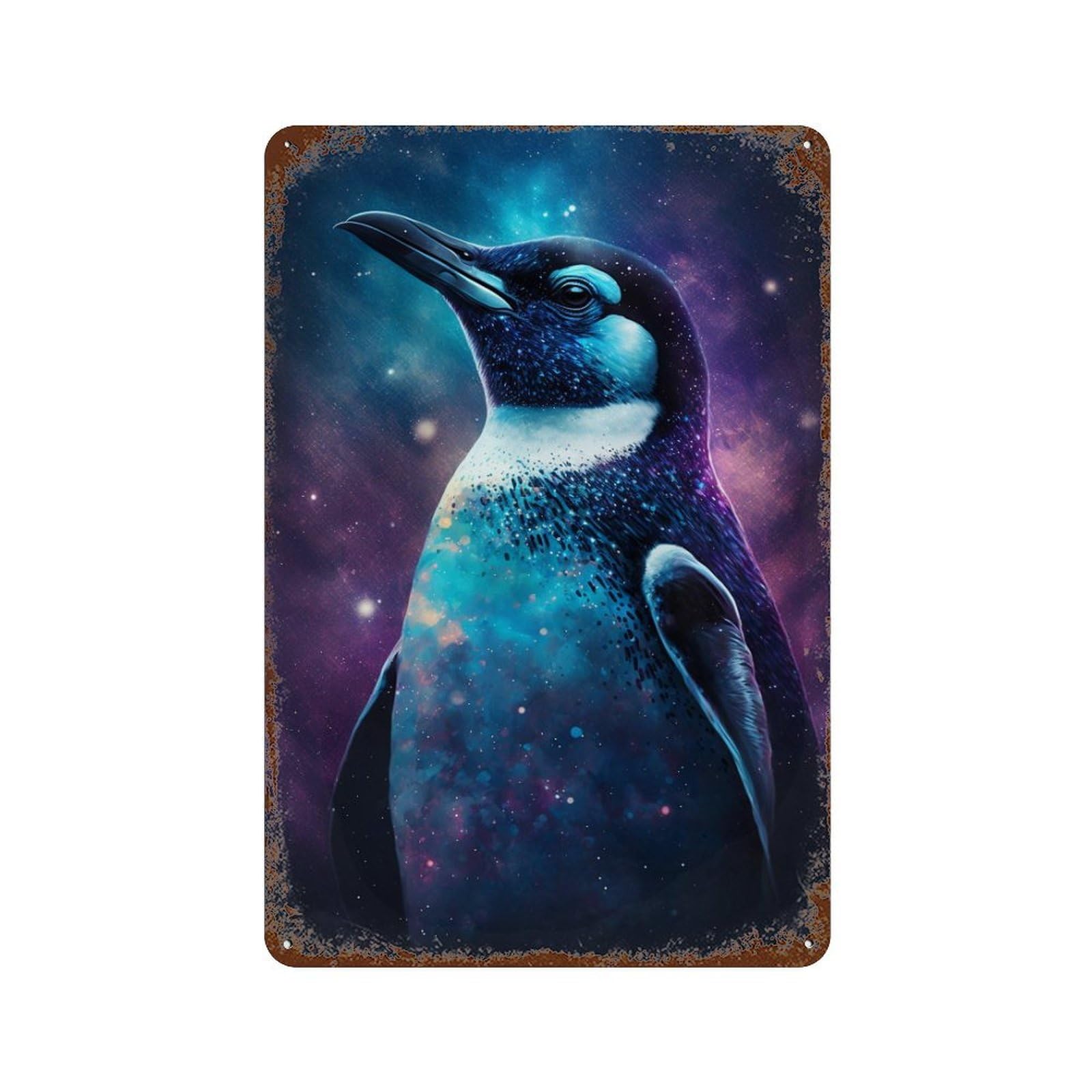 Cosmic Penguin Art Print-6 Distressed Metal Wall Sign 11.8"x7.9", Shabby Chic Decor for Garage, Pub Or Kitchen