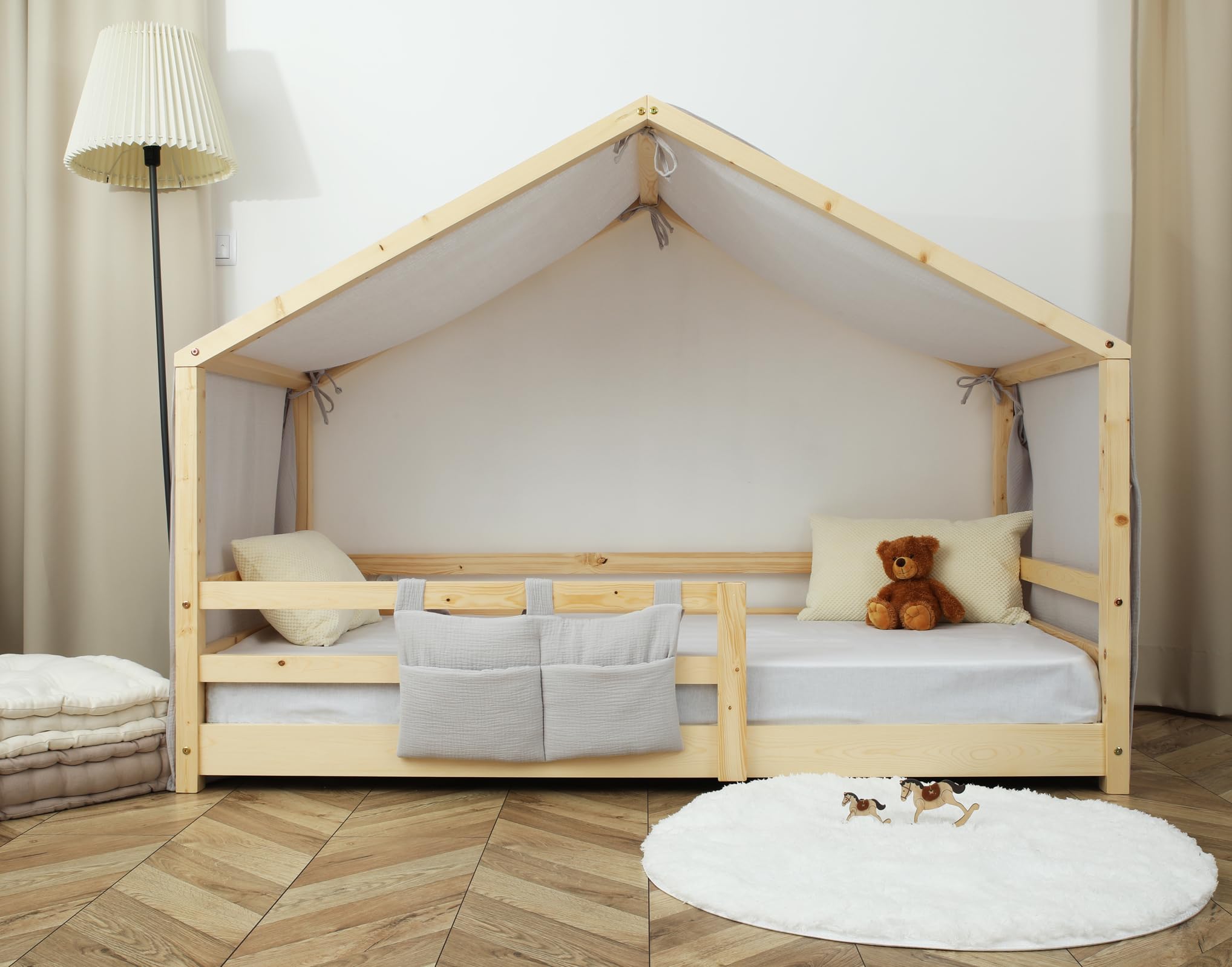 Tenda Letto Bambini 100% Cotone - Tenda Letto Montessori per Letto Bambini 80x160 e 90x190cm - Modelo 2 (Grigio, 97 x 402 cm + Astuccio)