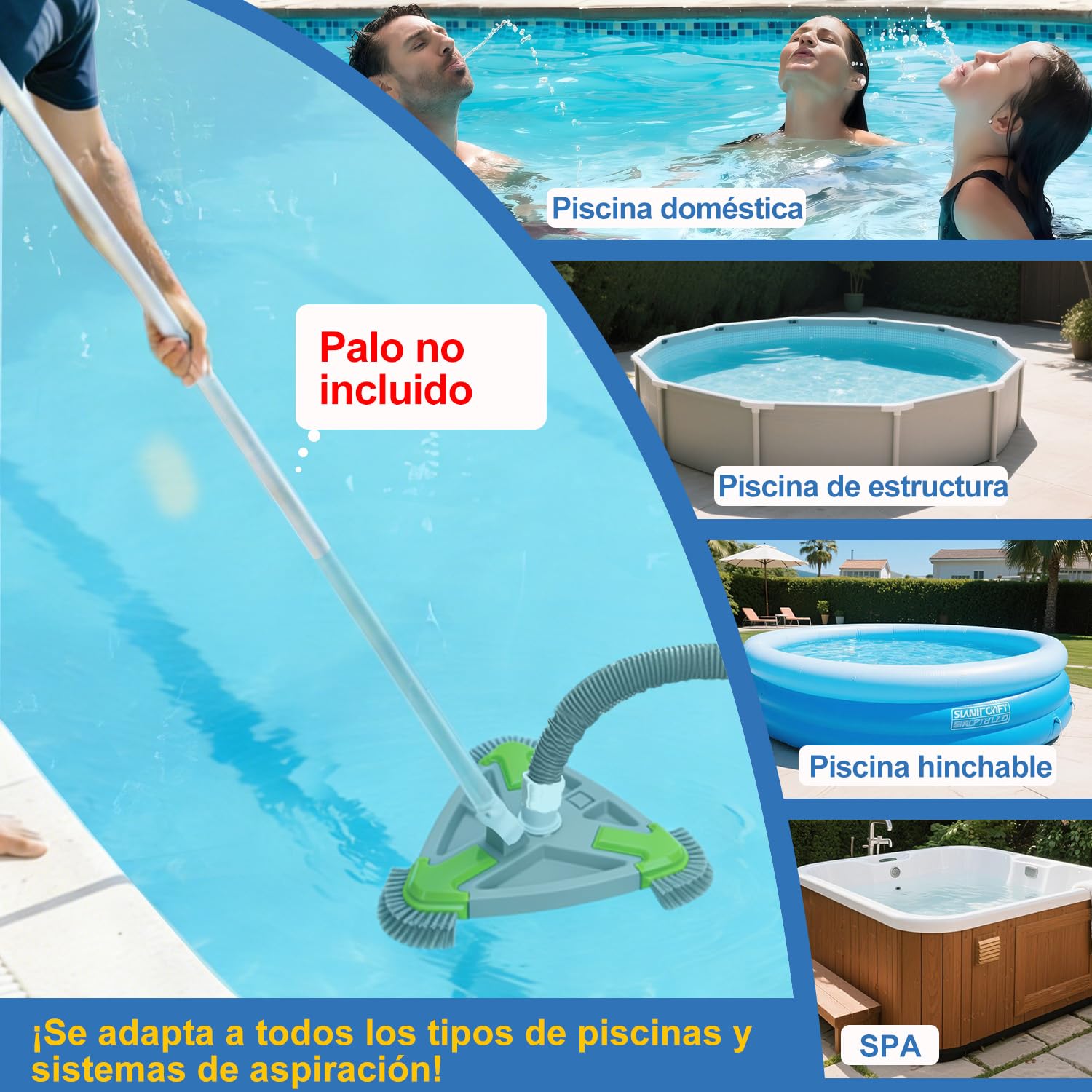 Cepillo Piscina con Conexión de Aspiración 35cm Triangular, Cepillo Aspirador Piscina con Cepillos Laterales, Cabezal Aspirador Piscina para Manguera 32/38mm, Limpiafondos Piscina para Piscinas