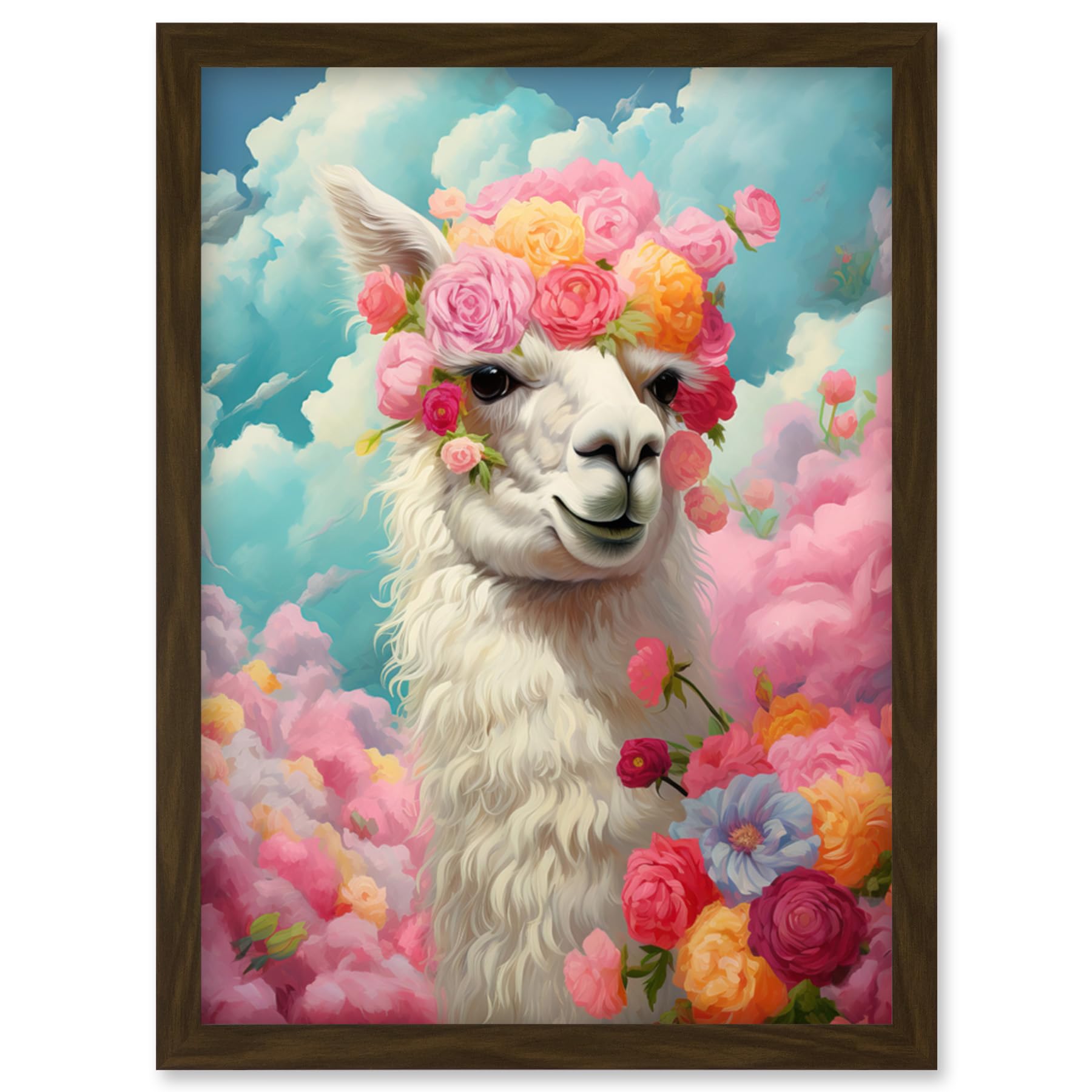 Artery8 Head in the Clouds Conceptual Artwork Fabulous Carefree Llama with Rose Flower Headband Kids Room Artwork Framed Wall Art Print A4