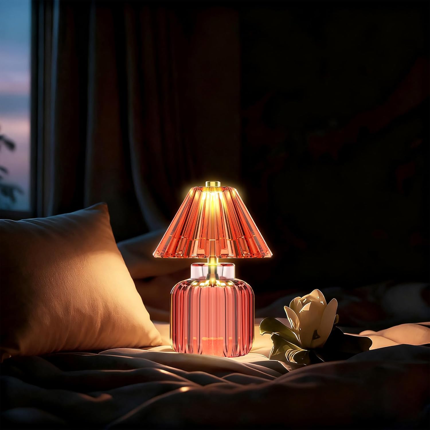 Small Battery Operated Lamp with Timer, Tiny Cordless Glass Table Lamp for Home Decor, Kitchen, Bathroom, Birthday Gift for Women, Jelly Red