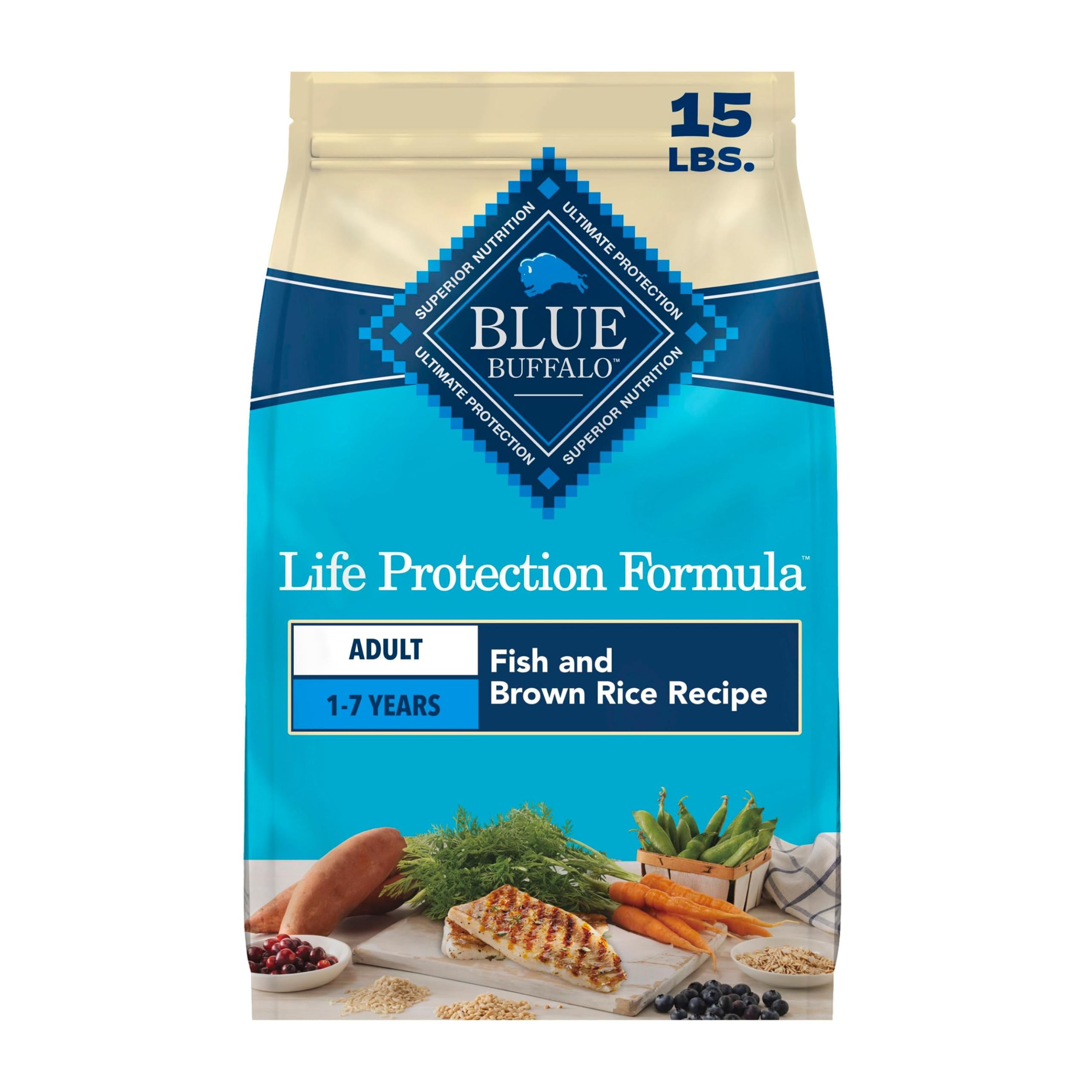 Blue Buffalo Life Protection Formula Fish Adult Dry Dog Food, 15 lb | Real Whitefish #1 Ingredient, Supports Immunity with Antioxidant-Rich LifeSource Bits, Promotes Healthy Muscle Development Fish & Brown Rice 15 Pound (Pack of 1)