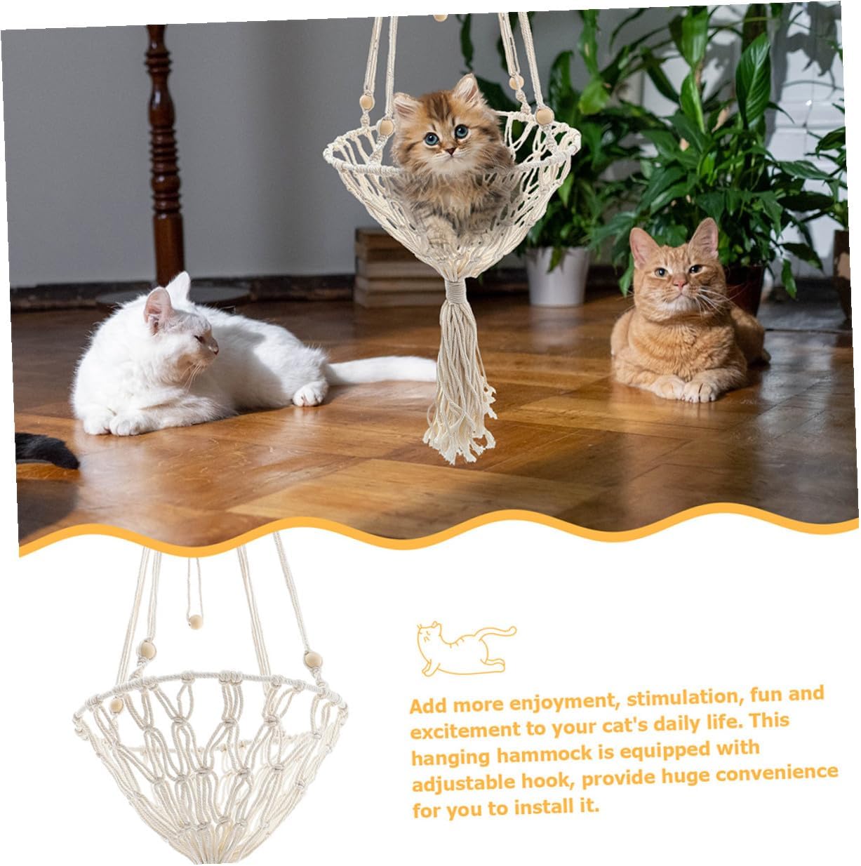 Luxshiny Hanging Cat Hammock Bed 40cm Bohemian Woven Wear-Resistant Cat Nest Pet Mesh Basket to 30lbs