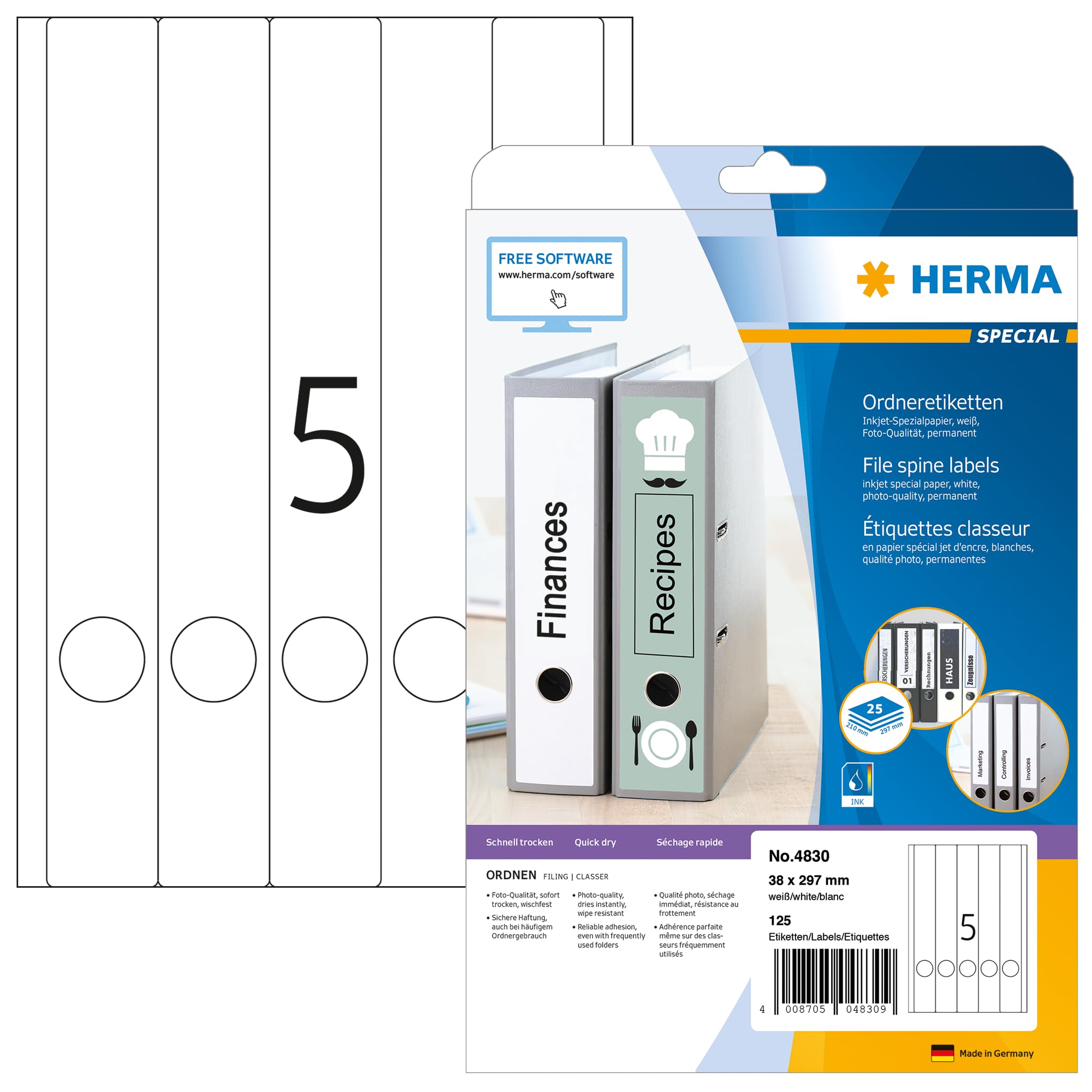 HERMA 4830 Ordnerrücken Etiketten lang schmal, 25 Blatt, 38 x 297 mm, 5 pro A4 Bogen, 125 Stück, selbstklebend, bedruckbar blickdicht Inkjet Ordneretiketten Rückenschilder Spezialpapier Aufkleber weiß