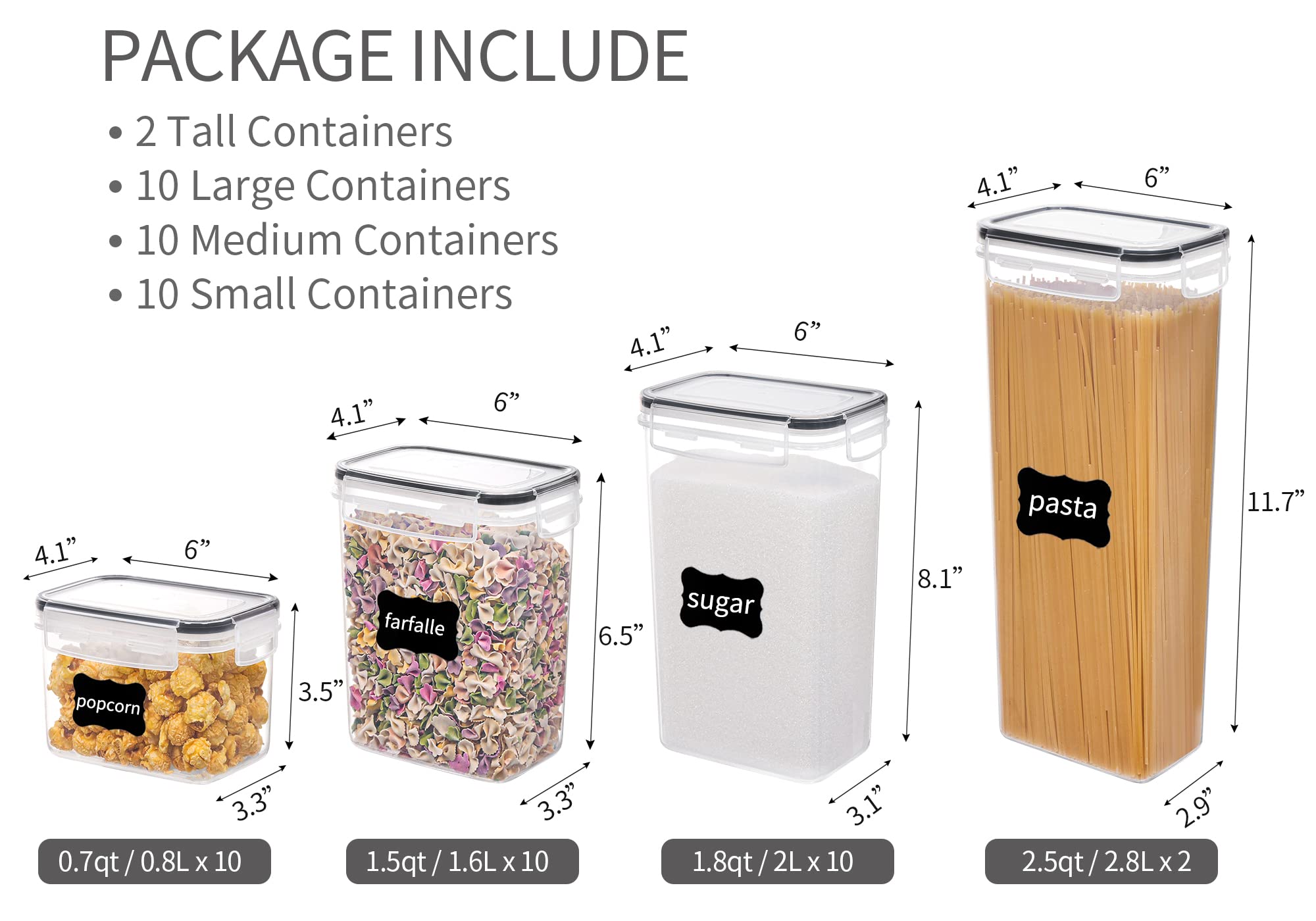 Vtopmart 32pcs Food Storage Container Set, Kitchen & Pantry Organizers and Storage, Plastic Airtight Pantry Container with Lids for Cereal, Flour and Sugar, Includes 32 Labels (Black) (32pack) - 2