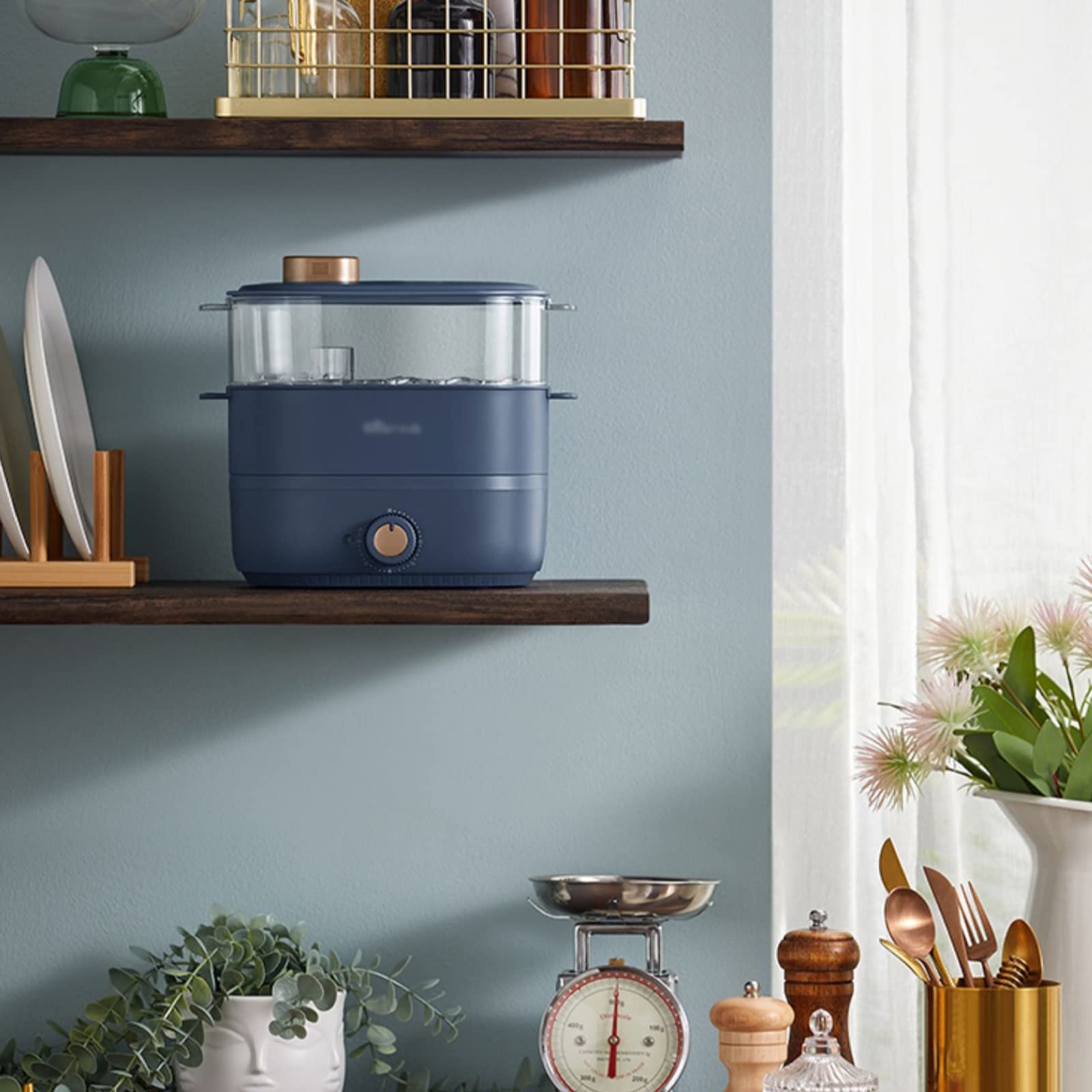 CASOTA Hervidor de Huevos eléctrico Hervidor de Huevos, vaporizador eléctrico pequeño for el hogar Azul Temporizador de Gran Capacidad Hervidor de Huevos eléctrico de Doble Capa