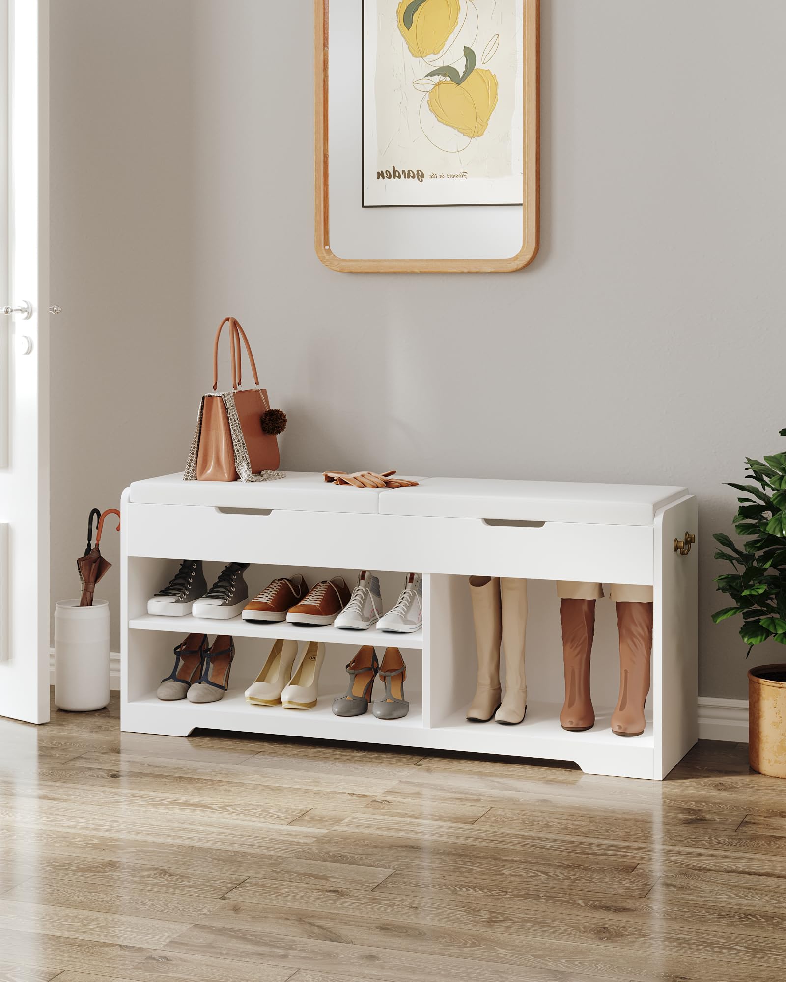 Hzuaneri Schuhbank, Schuhregal mit 2 gepolsterten Regalbänken, multifunktional, für Wohnzimmer, Flur, Schlafzimmer, 150 kg, 30 x 105 x 48 cm, weiß SB11403X