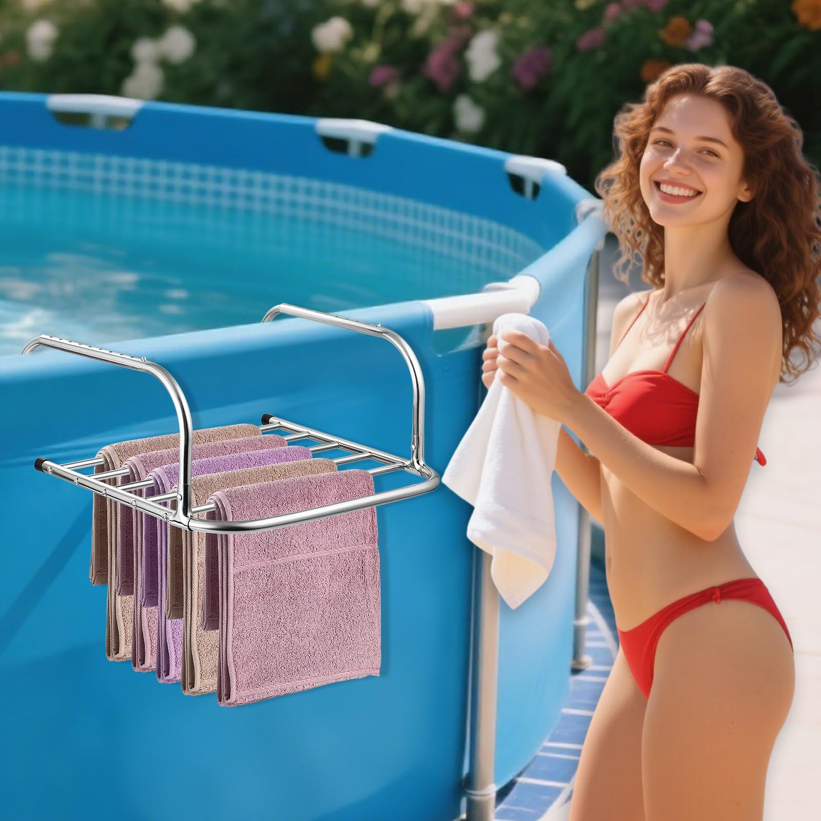 Pool-Handtuchhalter für den Außenbereich, 6 Stangen aus Edelstahl, zusammenklappbar, mit ausziehbaren Haken, strapazierfähig, oberirdischer Schwimmbad-Hängender Waschlappenhalter