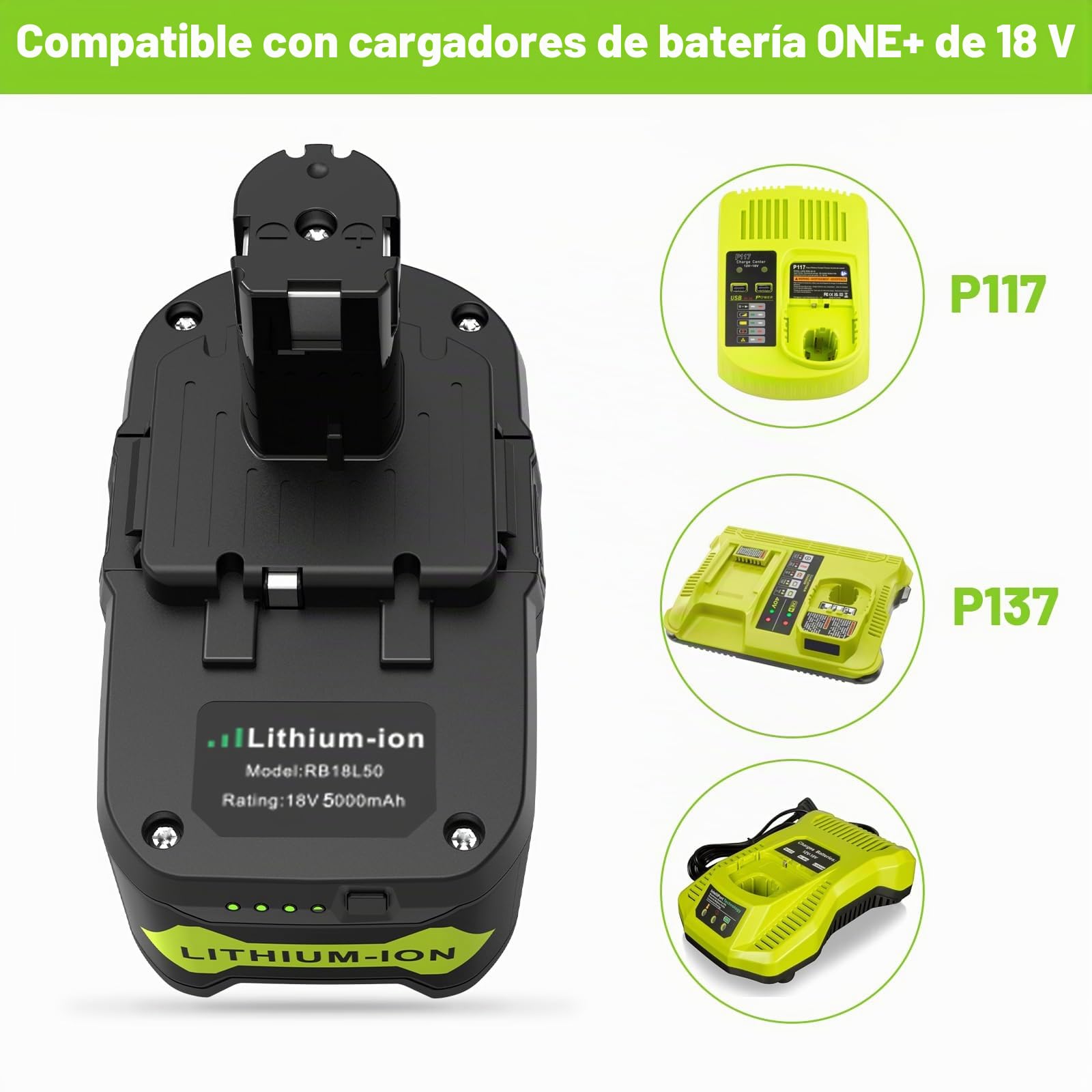 LabTEC Batería de Litio RB18L50 18V 5000mAh, Repuesto para Ryobi Batería de 18V BPL-1815 BPL-1820G BPL1820 BPL18151 P102 P103, Herramienta eléctrica con luz de Control