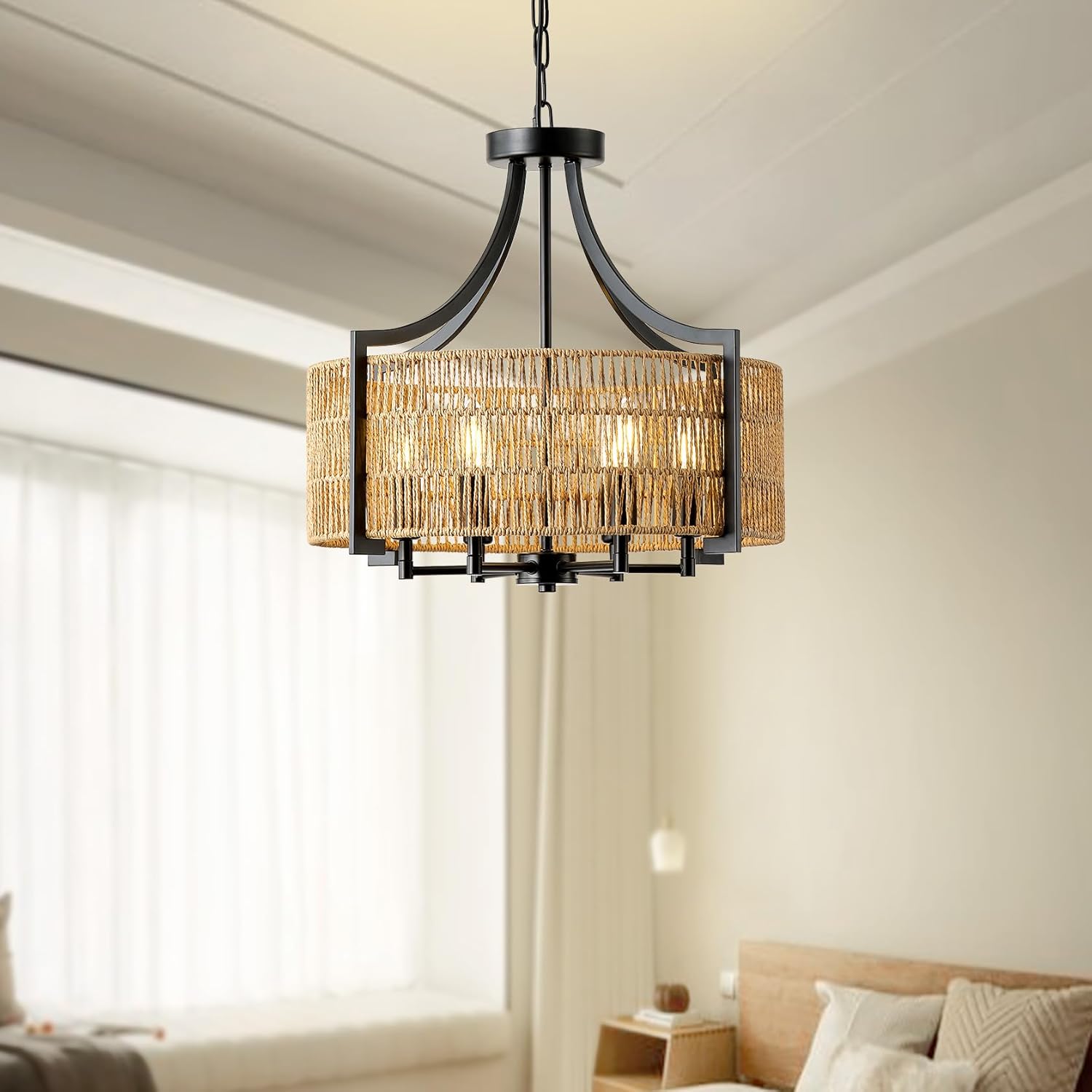 20" Large Rattan Chandeliers Ceiling Light Fixture, 6-Light Boho Rattan Hand-Woven Farmhouse Pendant Light Fixture Adjustable Suit for Dining Room Hallway Kitchen Island(Brown)