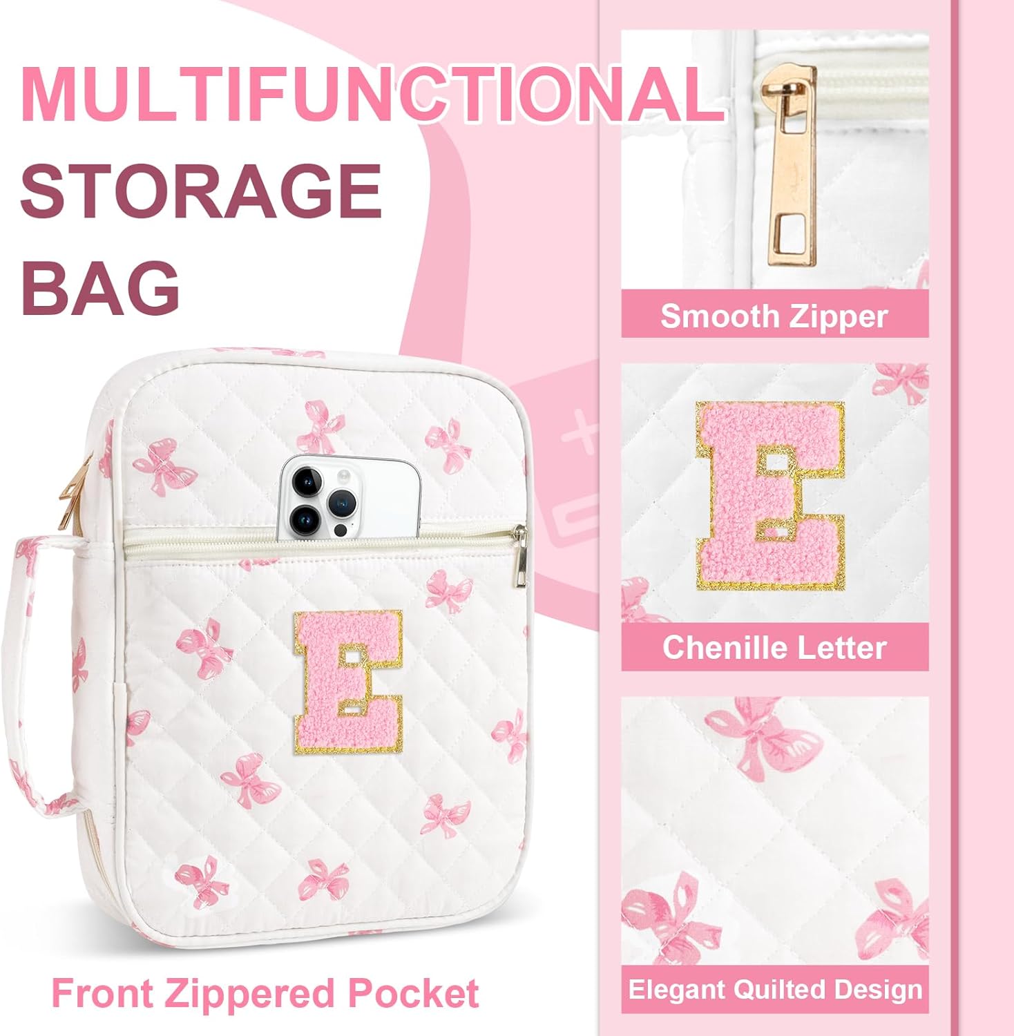 Personalized Initial Bible Cover Case for Women Girls Kid - Large Quilted Bible Case with Handle, Stylish Chenille Letter Bag Study Supplies, Perfect Christmas Gifts for Christians Women (Pink Bow-E)