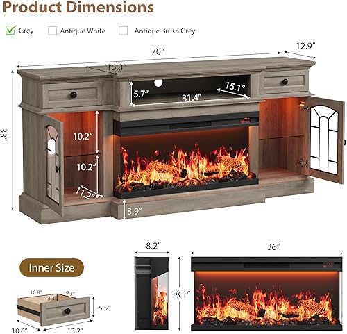 Miniatura 4 de QUW Soporte de TV con chimenea de 70 pulgadas para televisores de hasta 80 pulgadas, centro de entretenimiento con chimenea eléctrica de vidrio de