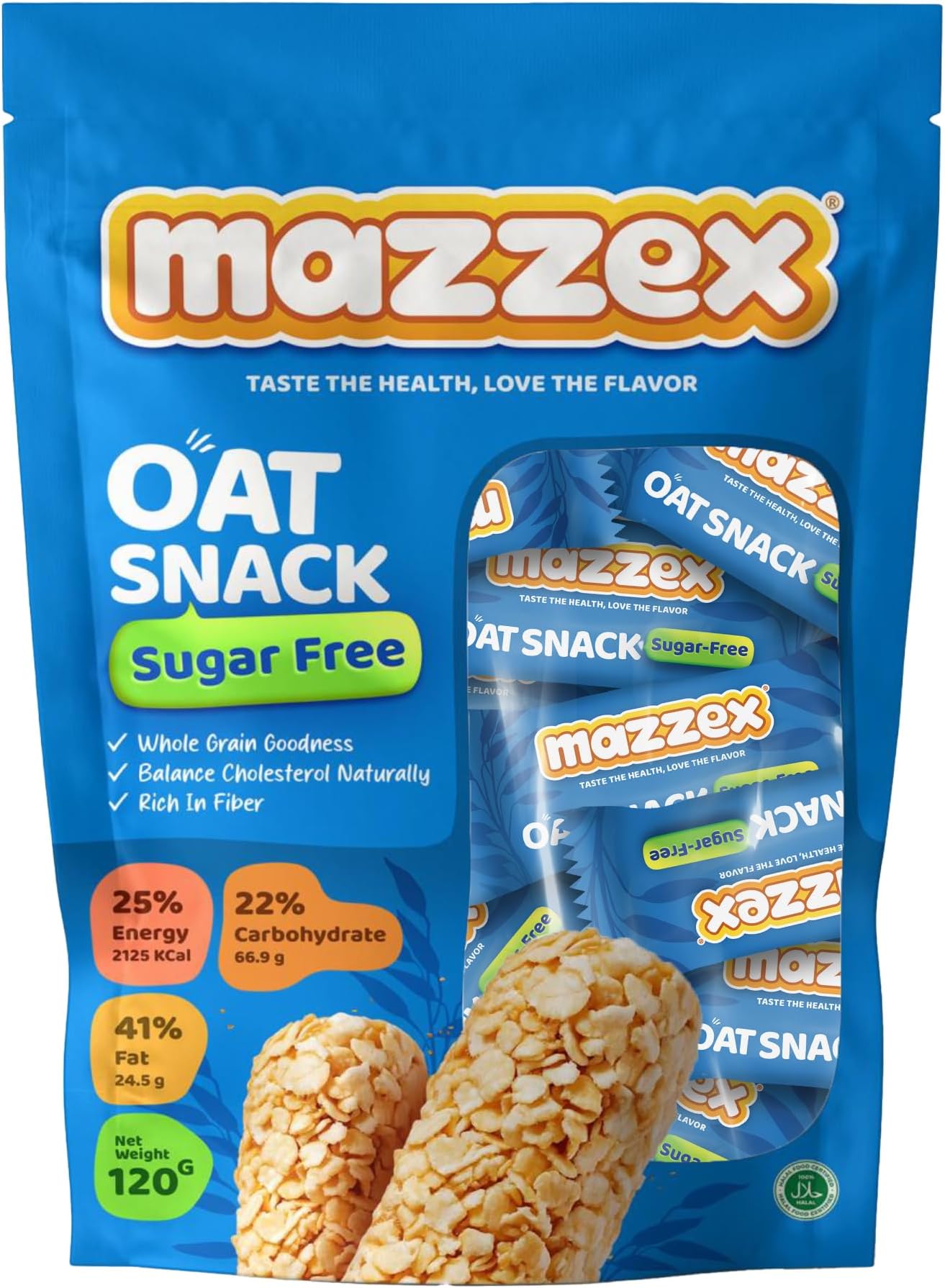 Mazzex Sugar-Free Oat Snack 120g (12 Bars) | Healthy Snack, Sugar-Free & Low Sugar Oats Bar | High-Fiber Energy Bar, Guilt-Free Breakfast Treat for Kids & Adults