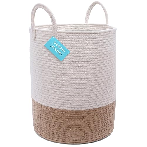 OrganiHaus Cesta Grande de Lavandería Tejida con Asas 52L, Cesta de Ropa Sucia de Cuerda, Cesta para Mantas para Sala de Estar, Cesta de Lavandería