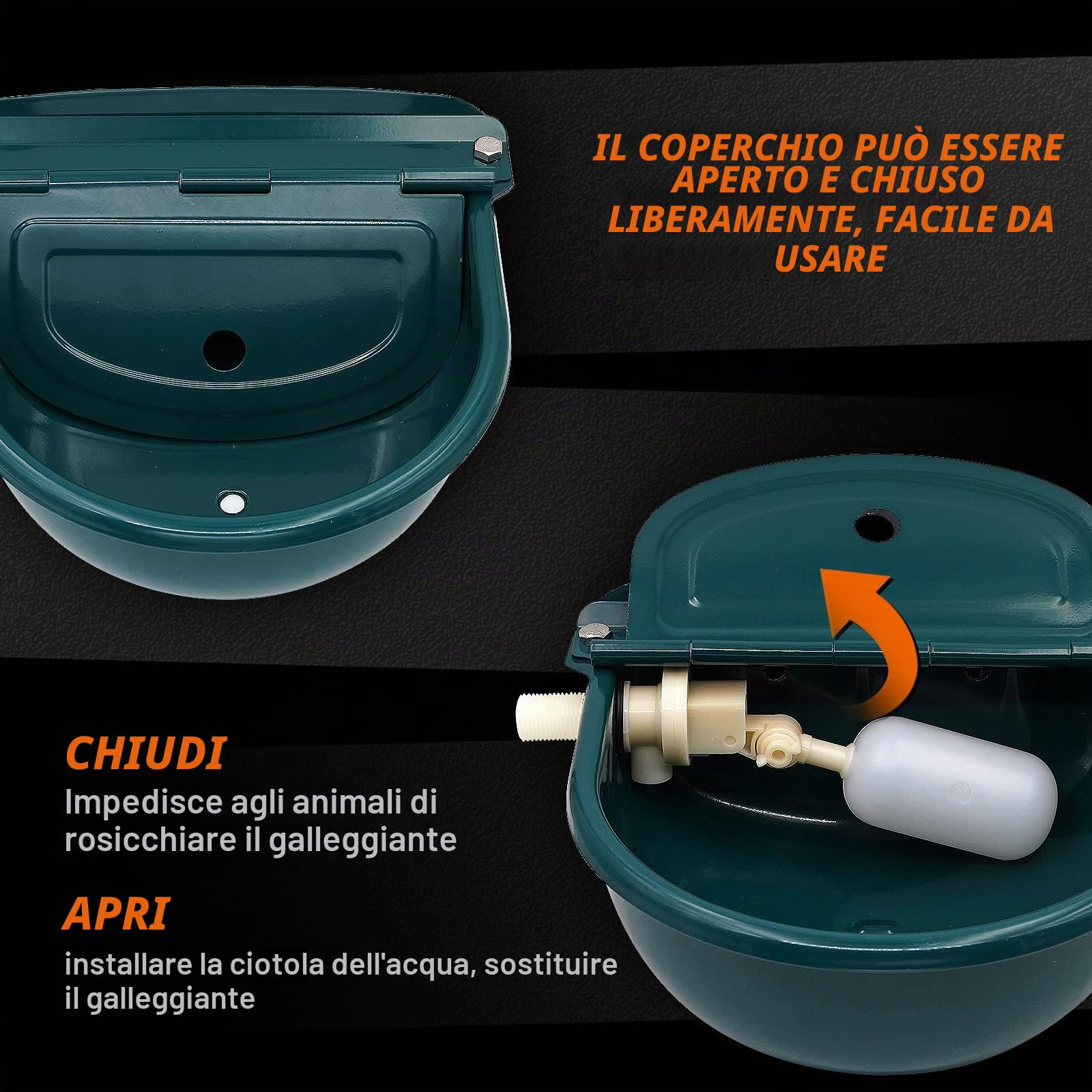 Abbeveratoio Automatico In Acciaio Inox con Valvola a Galleggiante Regolabile e Foro di Scarico Per Abbeveratoi Per Cavalli, Bovini, Capre, Pecore e Cani (Verde Scuro)