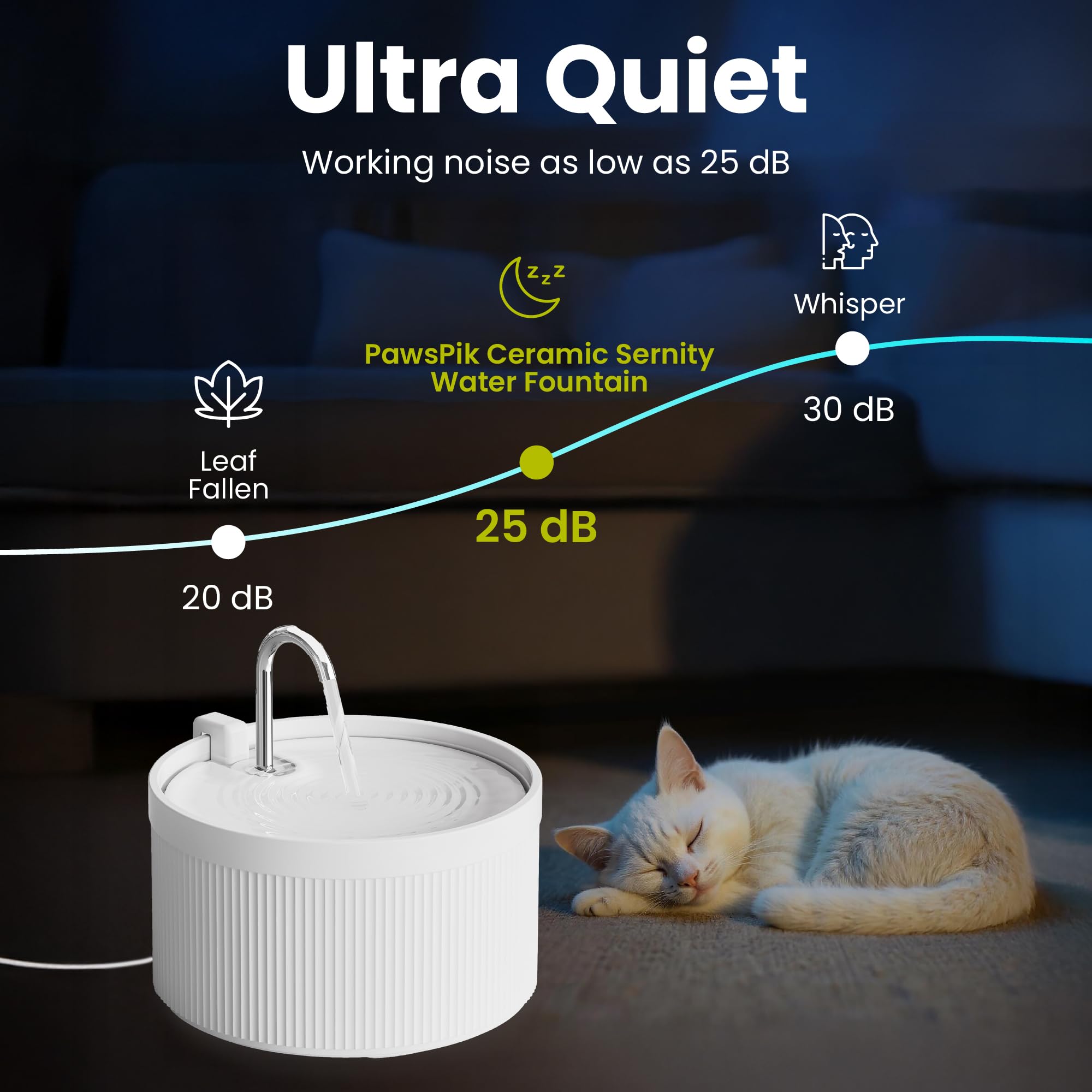 PawsPik Ceramic Serenity Pet Water Fountain – Faucet-Style Spout, Quiet Motor, 5-Layer Filter – BPA-Free Ceramic Bowl for Dogs & Cats, 9-Cup, White - image 6