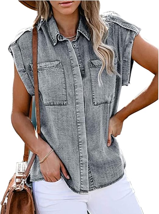 Damen ärmelloses Jeanshemd lässiges Revers Denim Weste Top Sommer lose ...