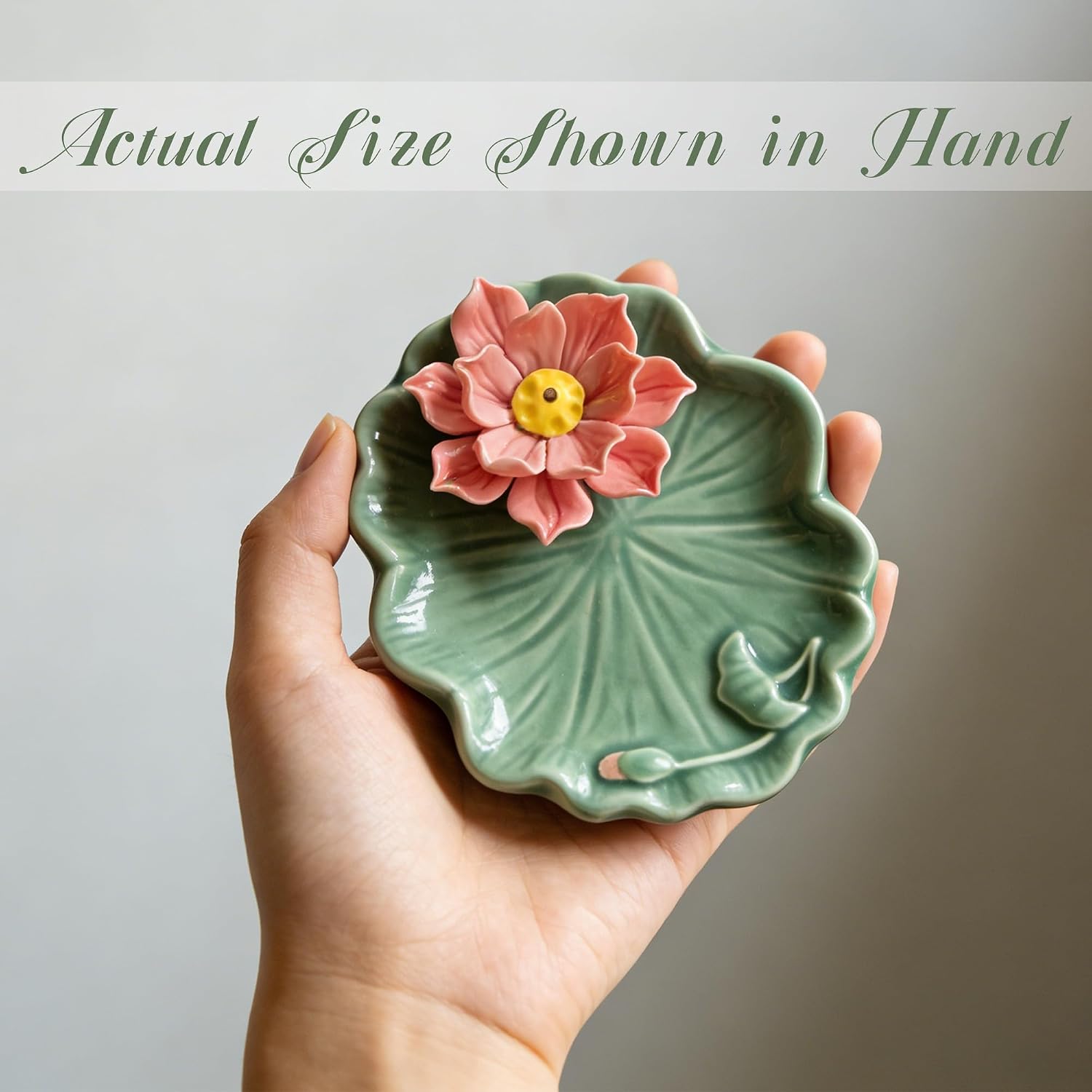 Lotus and Leaf Incense Stick Holder with Hole, Green Porcelain Incense Tray Ash Catcher for Spa, Meditation Room, Yoga, Home, Office, Ash Tray, Jewelry Tray image 5