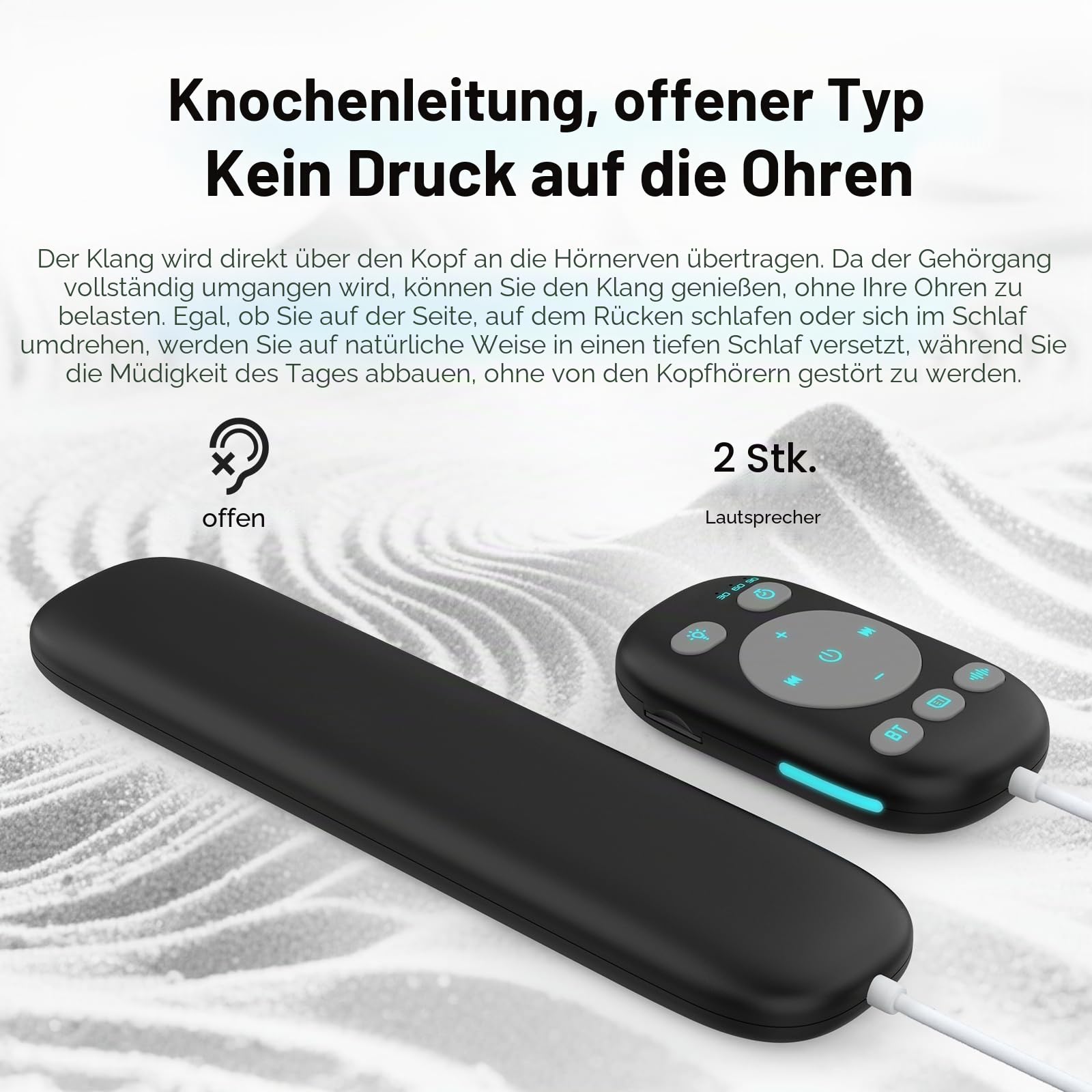 Bluetooth-Knochenschalllautsprecher mit Fernbedienung, 3 Modi, Weißes Rauschen für Unter das Kopfkissen, Verbessert den Schlaf, 3 Timer Einschlafhilfe für Erwachsene, Seitenschläfer, Büro-Nickerchen