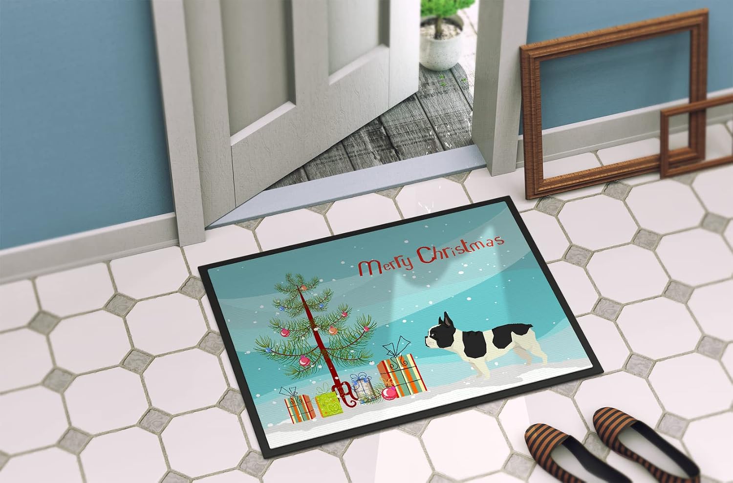Caroline's Treasures CK3539MAT French Bulldog Christmas Tree Doormat 18x27 Front Door Mat Indoor Outdoor Rugs for Entryway, Non Slip Washable Low Pile, 18H X 27W