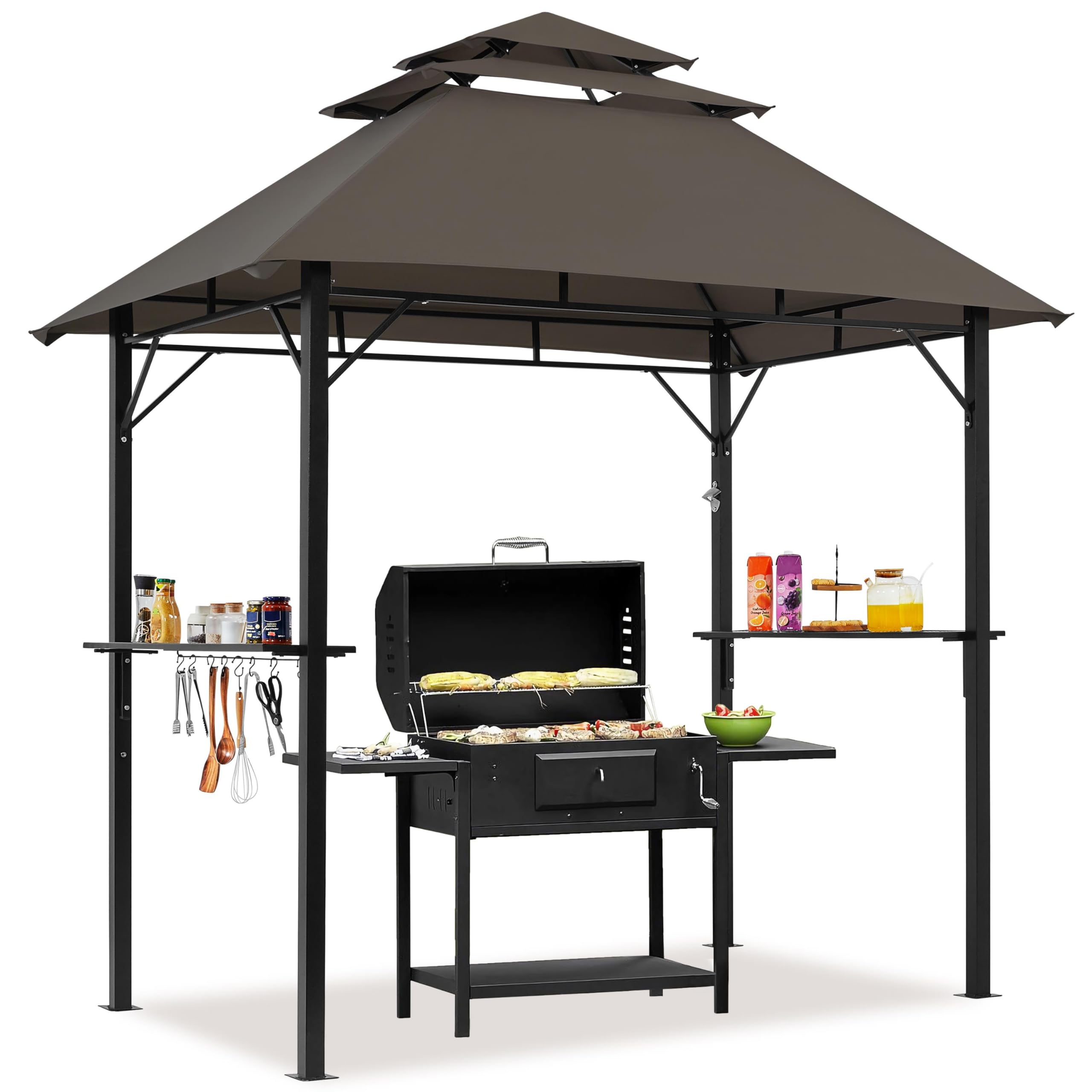 Yaheetech 8x5' Grill Gazebo, 3-Tier Outdoor BBQ Gazebo with Height-Adjustable Shelves & 10 S-Shaped Hooks & Built-in Bottle Opener, Brown
