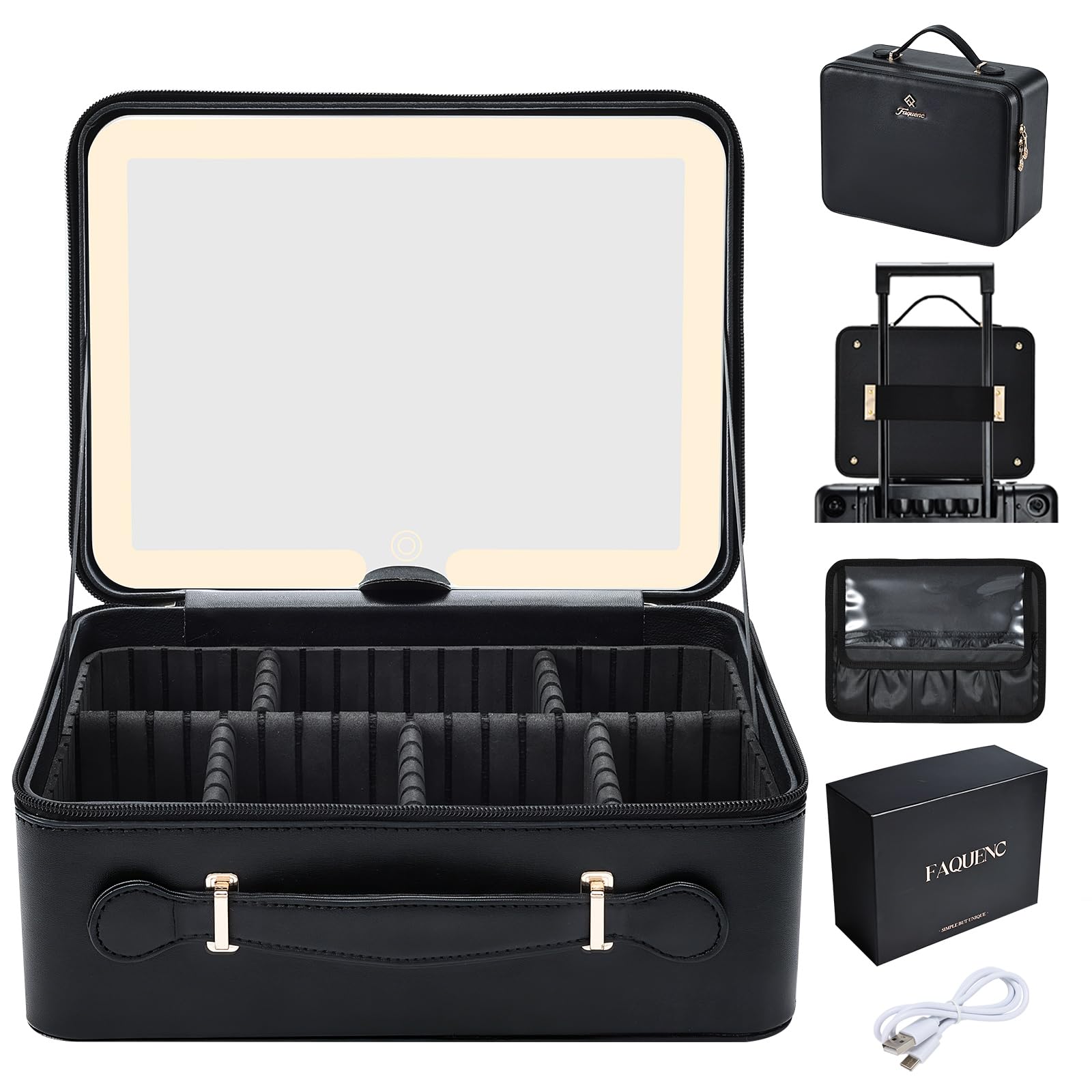 Faquenc 11.4 Inch Extra Large Makeup Bag with LED Lighted Mirror Leather Cosmetic Train Case Light up Mirror Portable Makeup Artist Storage Bag with Dividers Makeup Brush Holder Vanity Black