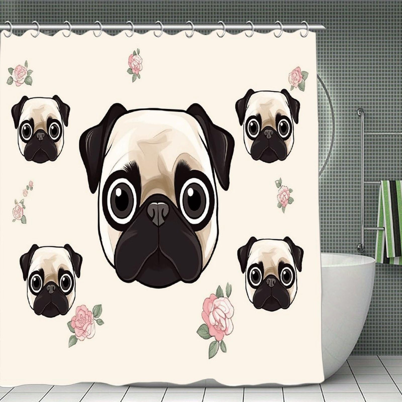 FekiLoot Line Pug Shower Curtain with Hooks Modern Farmhouse Bathroom Curtain Waterproof Cloth Bath Curtains Cute Washable Blackout Privacy Curtains for Bathroom Bathtub 70.8"x70.8"