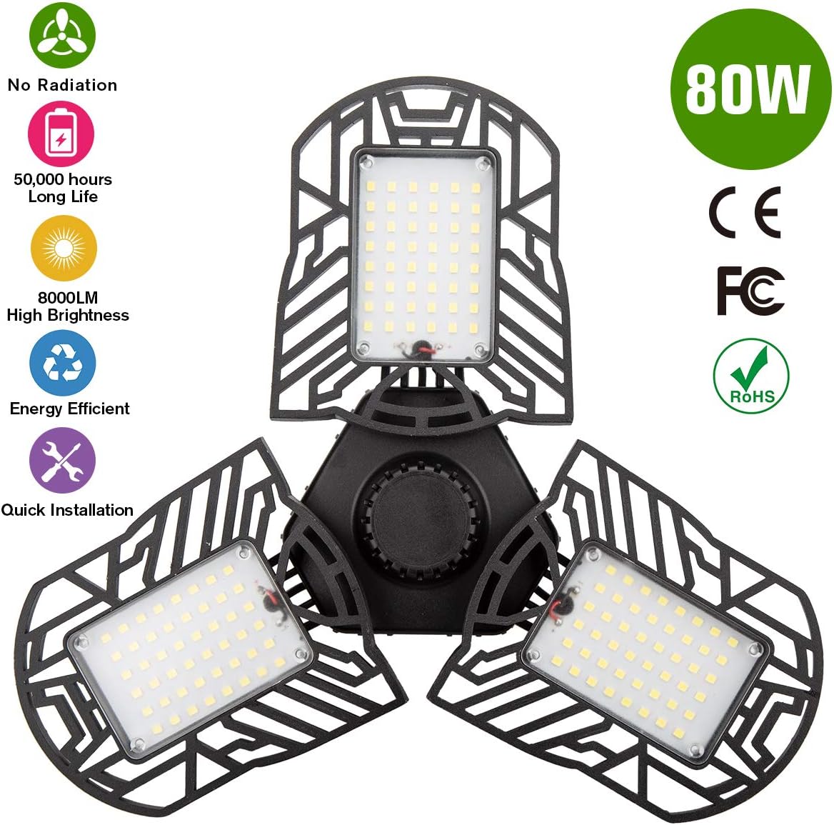 LED Garage Lights,80W LED Garage Ceiling Lights Deformable Garage Light with 3 Panels Adjustable 8000LM White E26 LED Shop Light Tribright LED Lights for Garage Basement Barn Workshop Warehouse Barn