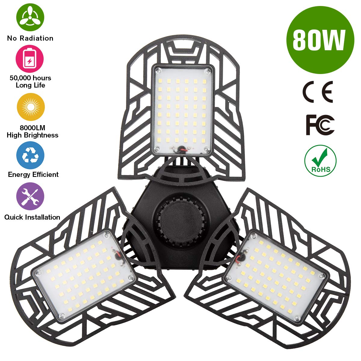 LED Garage Lights,80W LED Garage Ceiling Lights Deformable Garage Light with 3 Panels Adjustable 8000LM White E26 LED Shop Light Tribright LED Lights for Garage Basement Barn Workshop Warehouse Barn