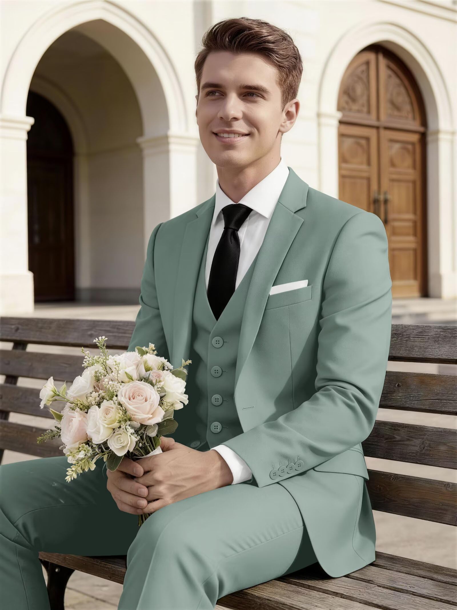 HUUTOE Trajes de 3 piezas para hombre, ajuste delgado, trajes de graduación para hombre, vestido de boda, traje de verano, chaqueta, chaleco, pantalones, esmoquin