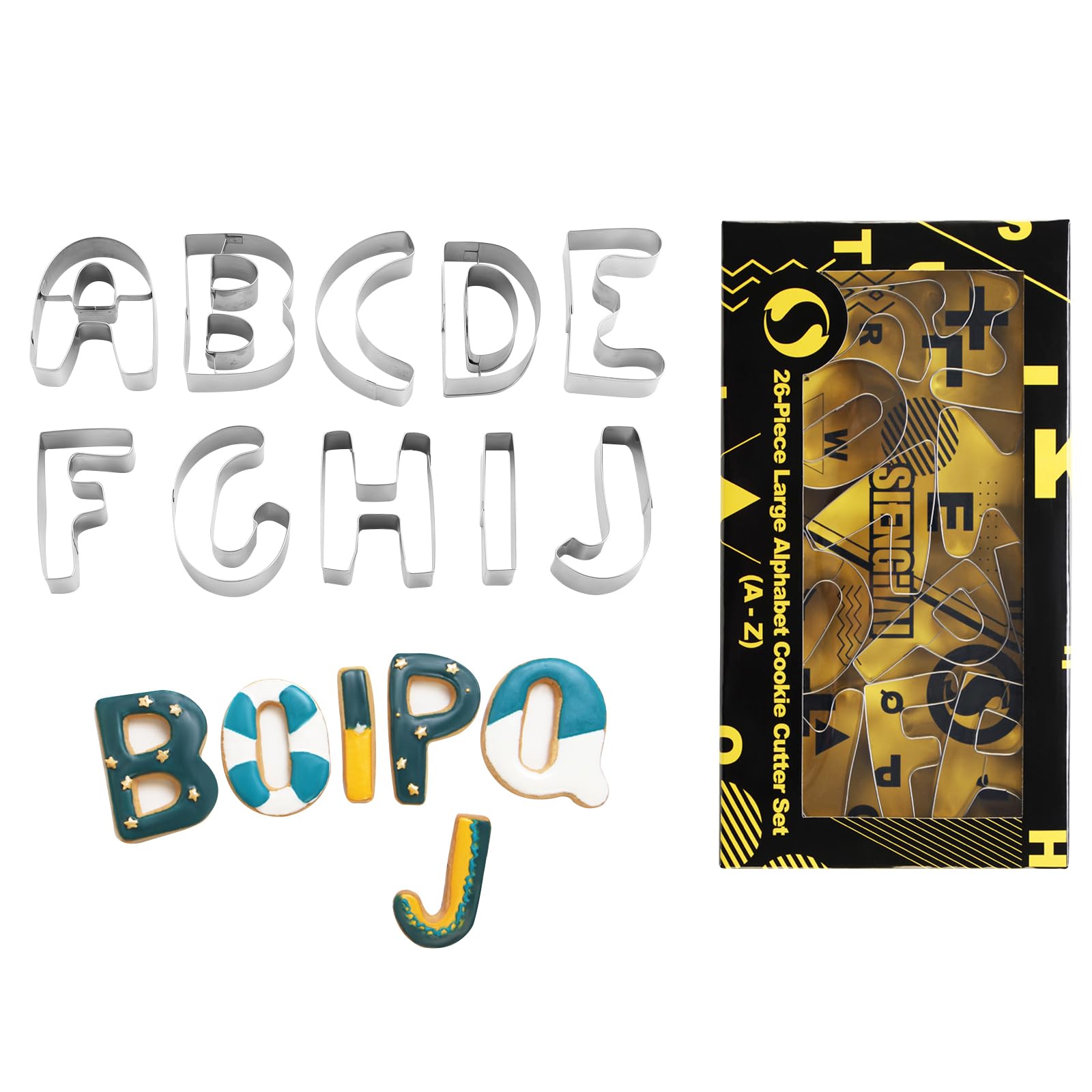 Juego de cortadores de galletas con letras del alfabeto (A - Z), 26 piezas grandes de acero inoxidable de 7,6 cm, cortador de fondant, herramientas para cumpleaños, Navidad, Año Nuevo y decoraciones