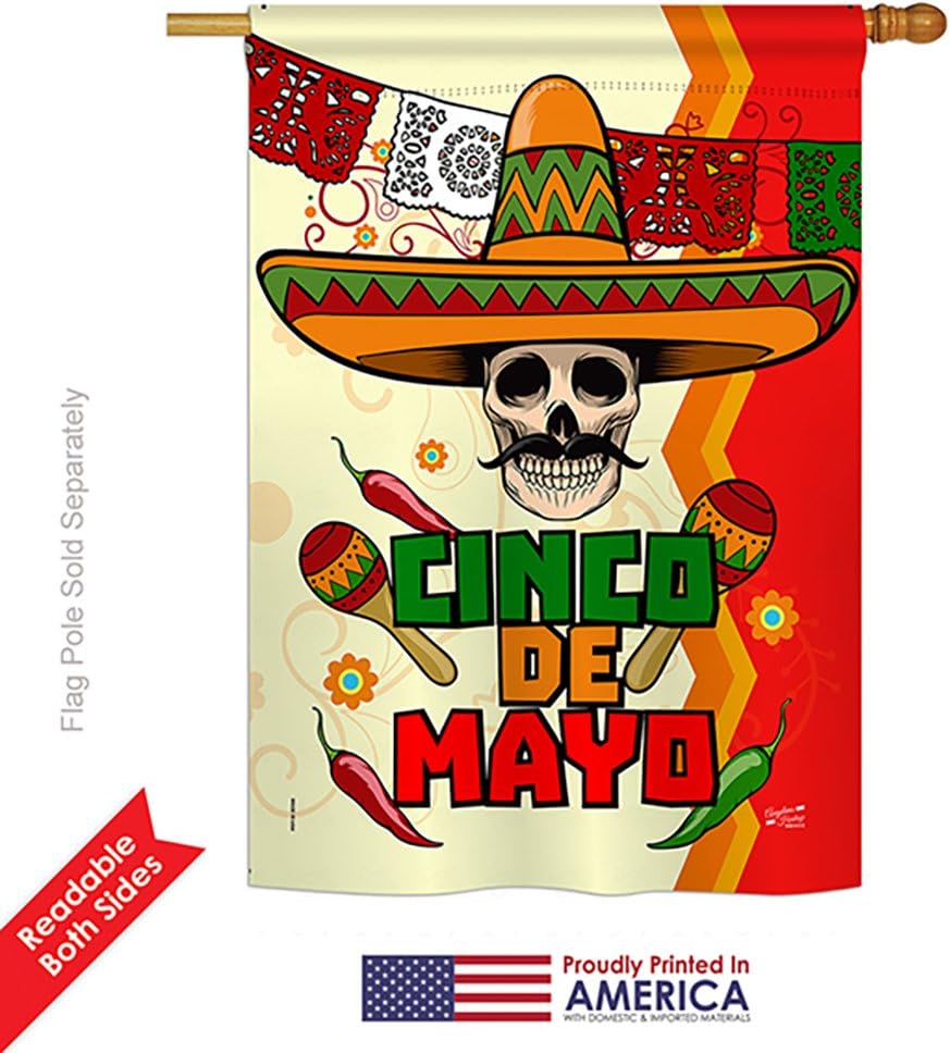 H137045 Calavera Cinco de Mayo Decorative Vertical House Flag, 28" x 40", Multicolor