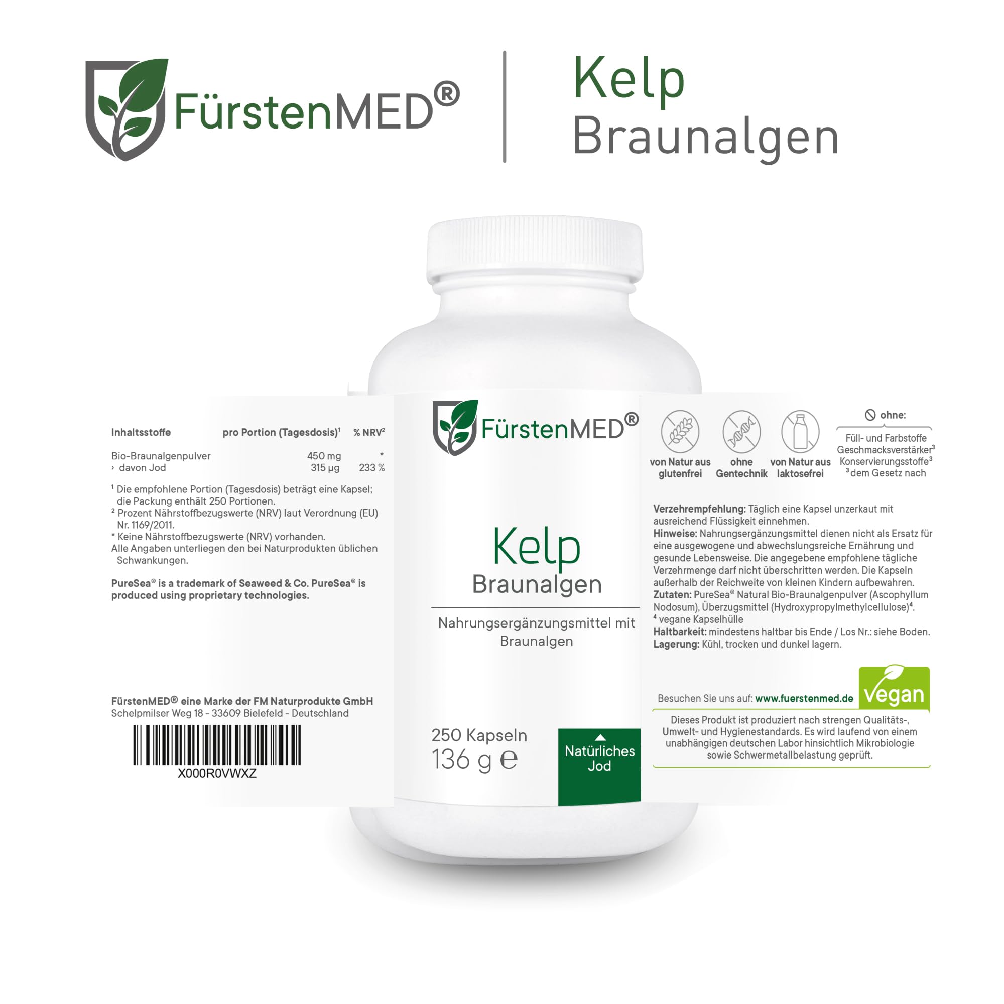 FürstenMED® 250 Kelp Kapseln mit 315µg Jod pro Kapsel - Kelp Algen Braunalgen Vegan und Hochdosiert - Jod Laborgeprüft und Ohne Zusatzstoffe