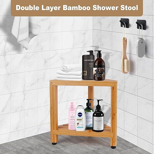Miniatura 2 de MISSEND Reposapiés de ducha de 13 pulgadas, taburete de ducha de bambú para afeitarse las piernas, banco de ducha de baño de esquina con estante de