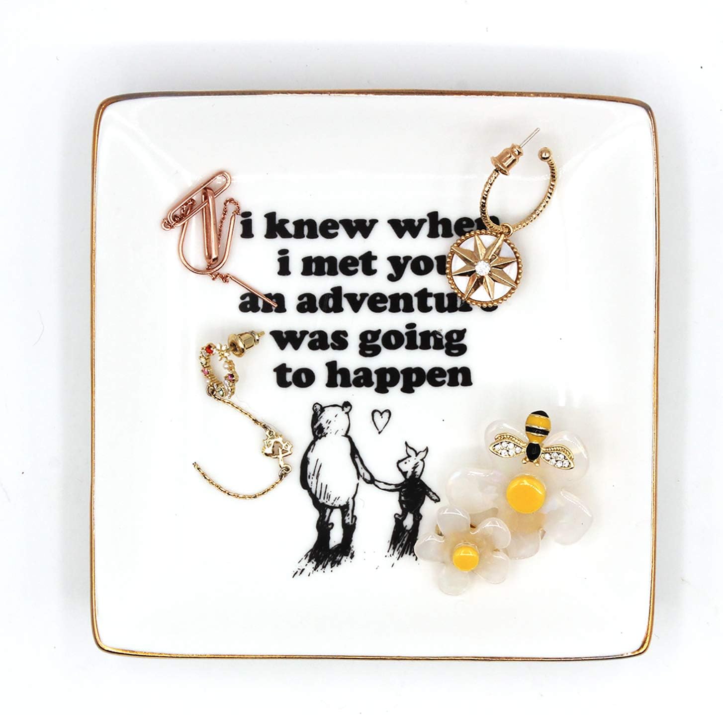 Classic Inspirational Winnie The Pooh Quotes and Saying Ring Jewelry Holder Dish for Sister Friends Girl Daughter Room Bedroom Decor