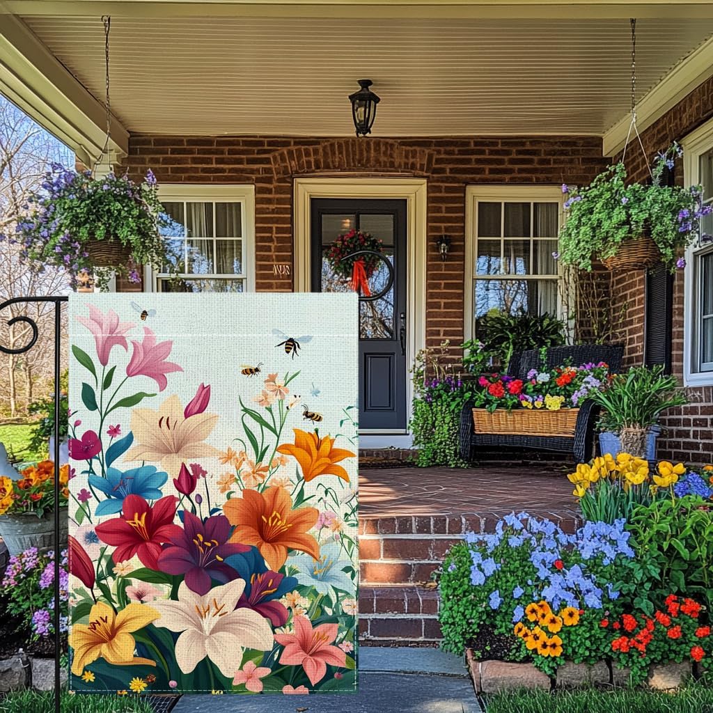 Spring Lily Colorful Floral Garden Flag 12x18 Inch Double Sided Welcome Summer Bee Flower Yard Outdoor Flag House Holiday Outside Decoration - Image 6