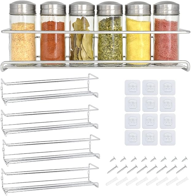 Joejis 4 Tier Spice Shelf Herb Rack- 3M Self Adhesive or Screw Mounting Options - Seasoning Organiser for Kitchen Pantry Cupboard