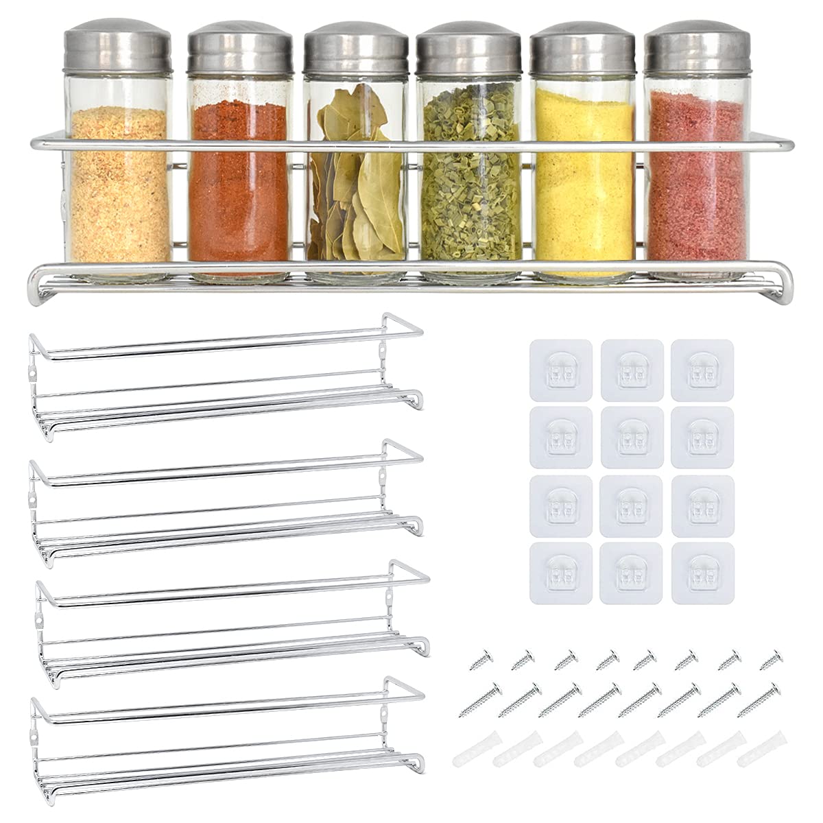 Joejis 4 Tier Metal Spice Racks, Wall Mounted Spice Jar Storage Rack Organiser, Hanging Spice Rack for Inside Cupboard, Strong Adhesive No Drill for Spices Condiments Cooking Tools, Silver
