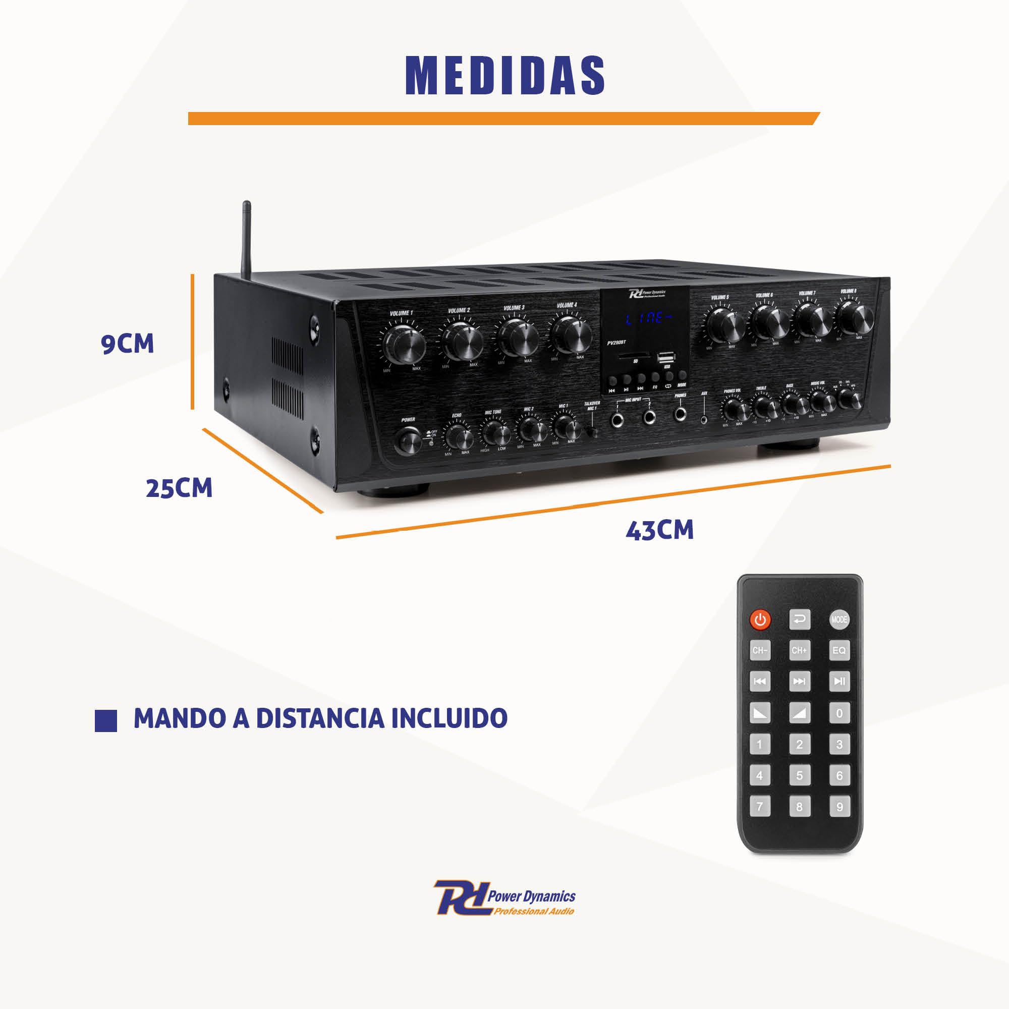 Power Dynamics PV280BT Amplificador de Audio multizona de 8 Zonas y 100 W, Amplificador multihabitación con Bluetooth, Reproductor MP3 USB/SD, Entrada óptica, Amplificador de Audio doméstico