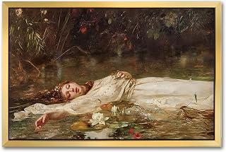 AIMAILON Vintage Gold Canvas Wall Art Framed Decor for Study Room Bedroom Classical Relaxing Young Lady Picture Victorian Summer Pond Lotus Background Artwork Desktop Home Decoration 12x18