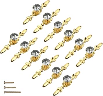 Drawer Dresser Knobs Pull Handles,yusheng Diamond Clear Crystal Glass Decorative Knobs with Plate,Cabinet Cupboard Door Knobs with Screws for Kitchen Office Decoration 12 Pack, Small, Golden