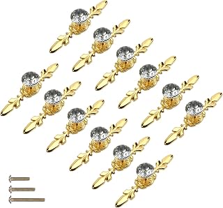 12 Pack Gold Diamond Clear Crystal Glass Decorative Knobs with Plate,Drawer Dresser Pulls Handles with 3 Kinds of Screws for Kitchen Bathroom Office Decoration (12 Pack, Small, Golden)