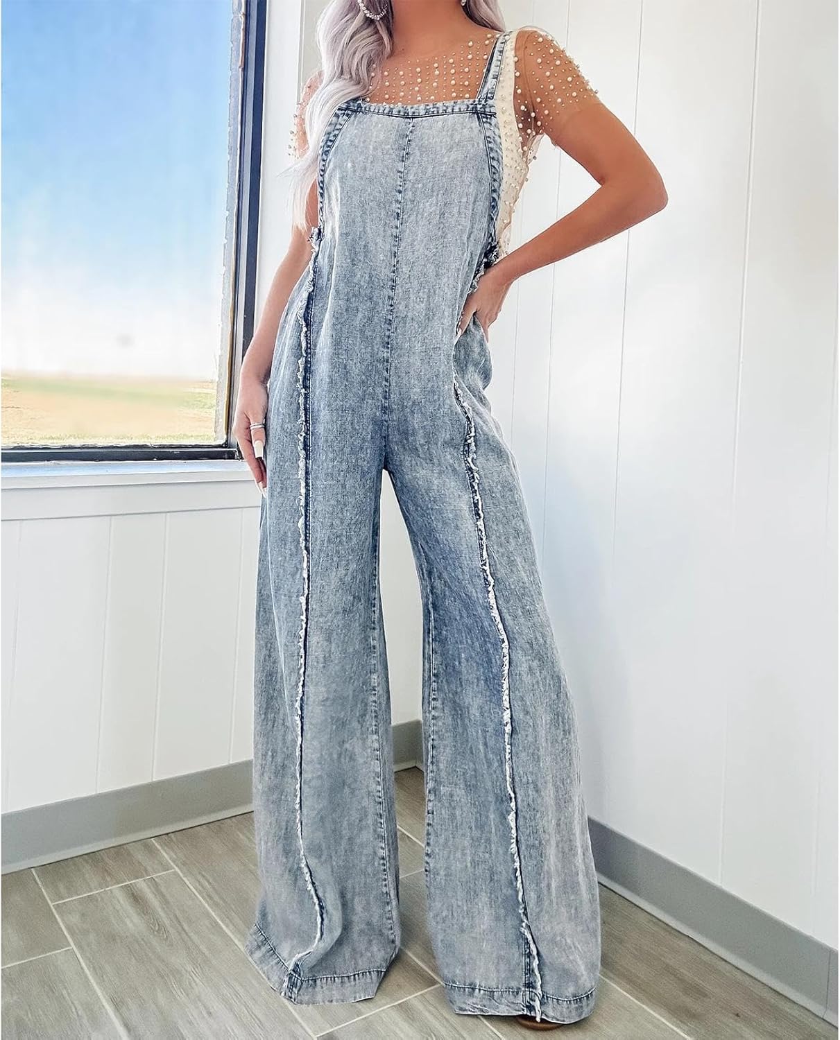 xzbailisha Womens Loose Fit Denim Jumpsuit Adjustable Straps Wide Leg Long Pants Frayed Jean Overalls