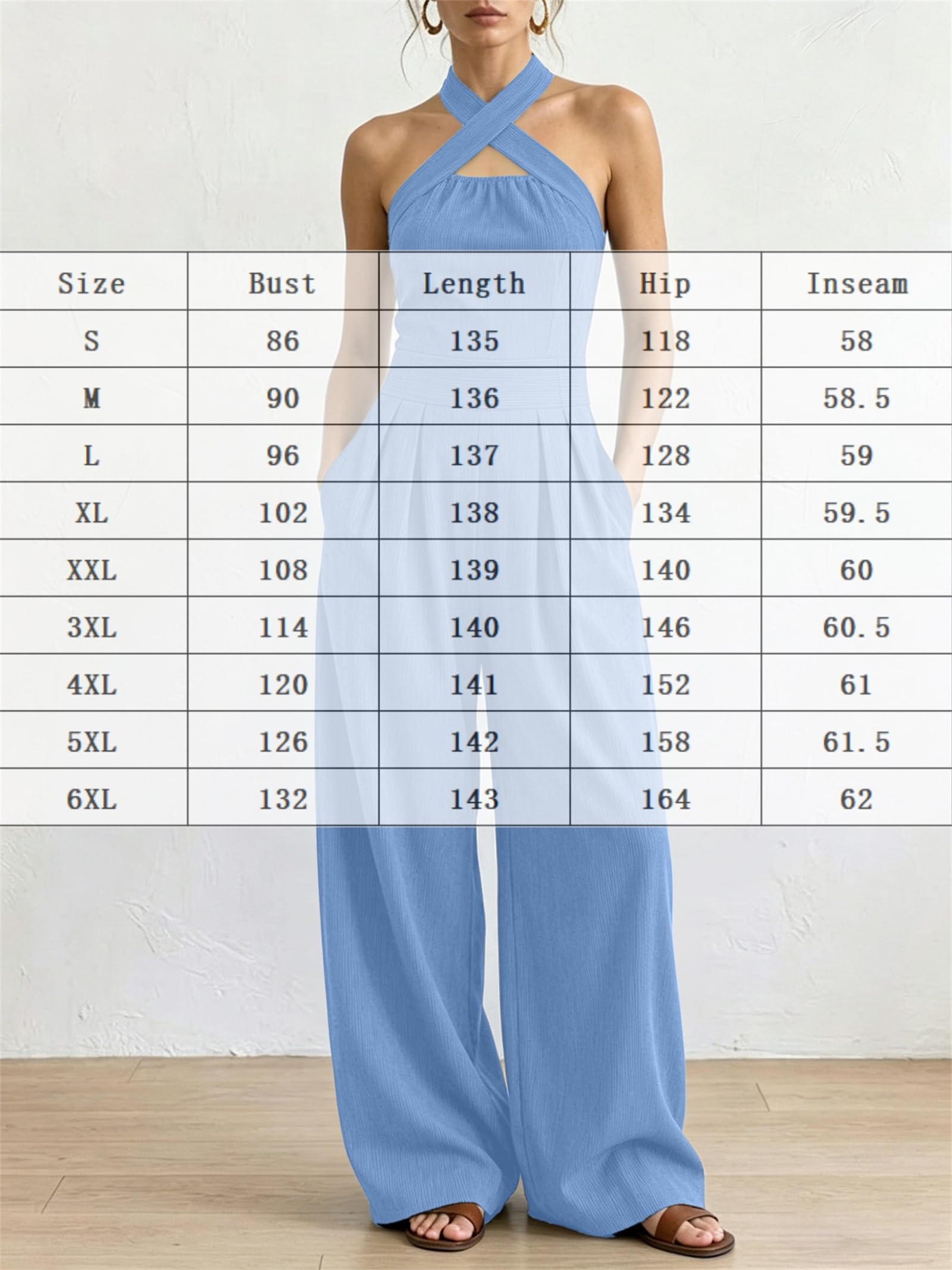Générique Combinaison pantalon sans manches à jambes larges et poches, col halter croisé, en mélange coton et lin, tenue décontractée une pièce