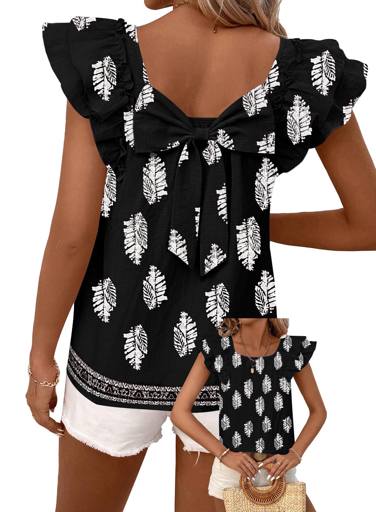 Falechay Womens Bow Tie Back Tops Babydoll Vneck Ruffle Short Sleeve Shirts