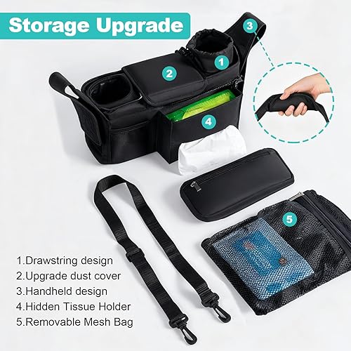 Miniatura 6 de Organizador de cochecito de bebé, organizador universal para cochecito con portavasos aislado, bolsa de teléfono desmontable y correa de hombro, se