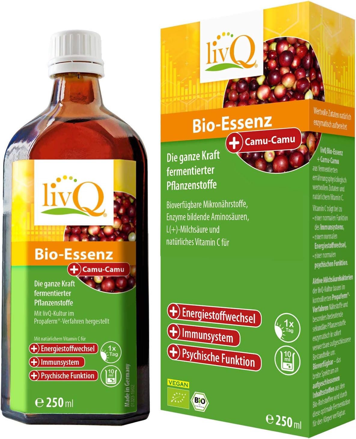 LivQ Organic Essence with Camu-Camu, Vital Drink, Fruit, Vegetables & Superfoods highly concentrated fermented, 250ml