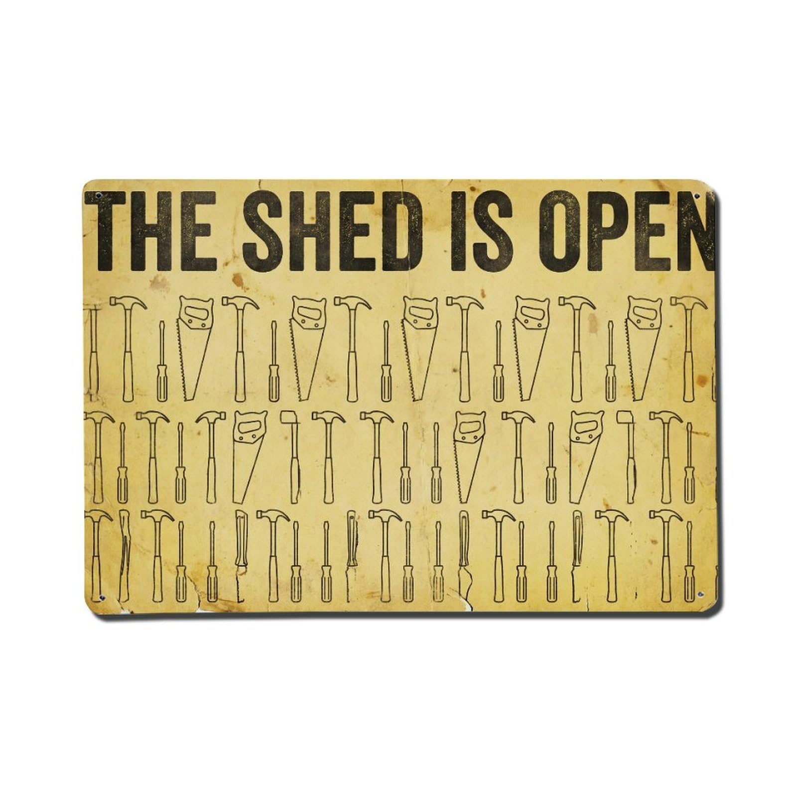 Shed Workshop Open Wrench Tools DIY Welcome Metal Tin Sign Plaque Wall Decor for Cafe, Man Cave, Club Bar, Office, Home Garden Round Metal Poster 8x12Inch