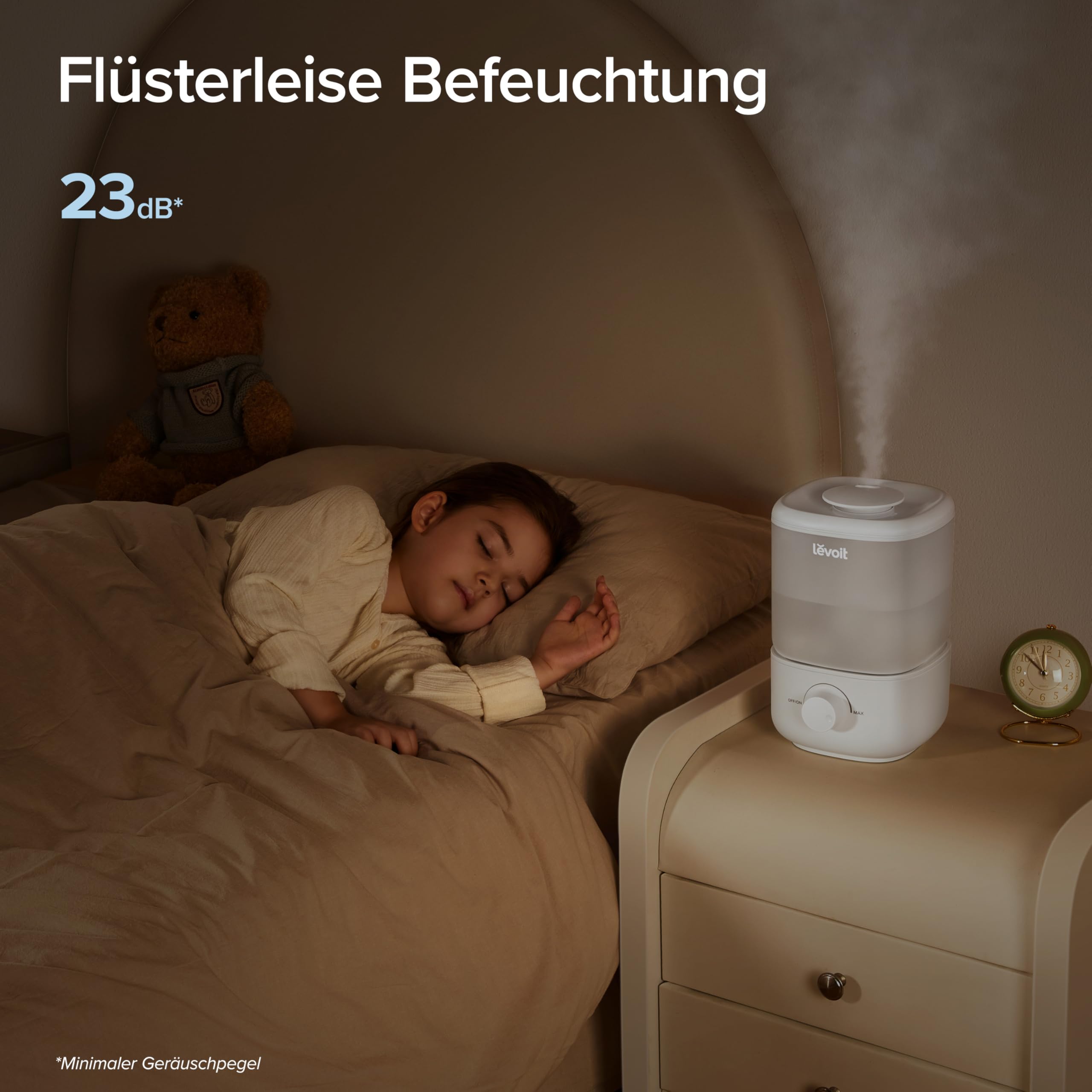 Levoit Luftbefeuchter 2,5 L, 23dB leise, Top-Fill, bis 25H, 360° Drehdüse, Auto Shut-off, Weiß