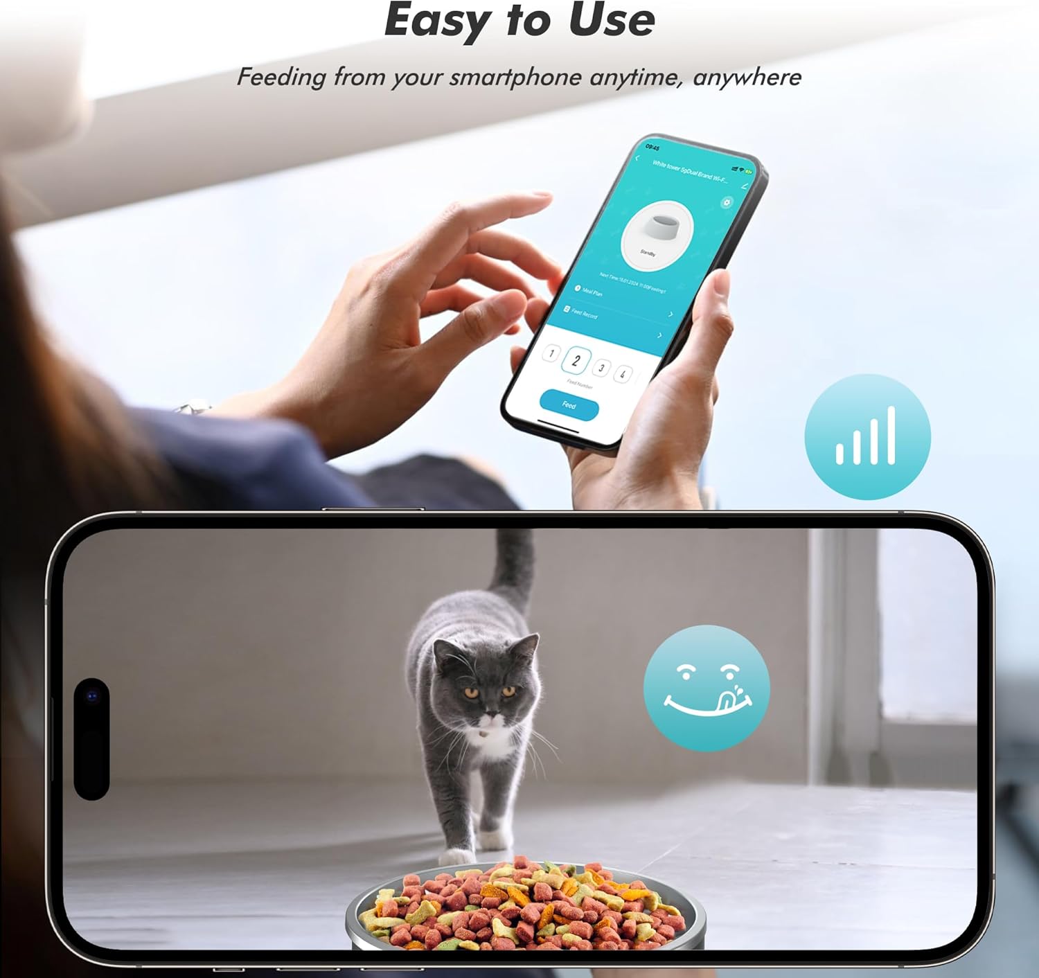 Person using a smartphone to control the pet feeder, with a cat eating from the bowl in the foreground
